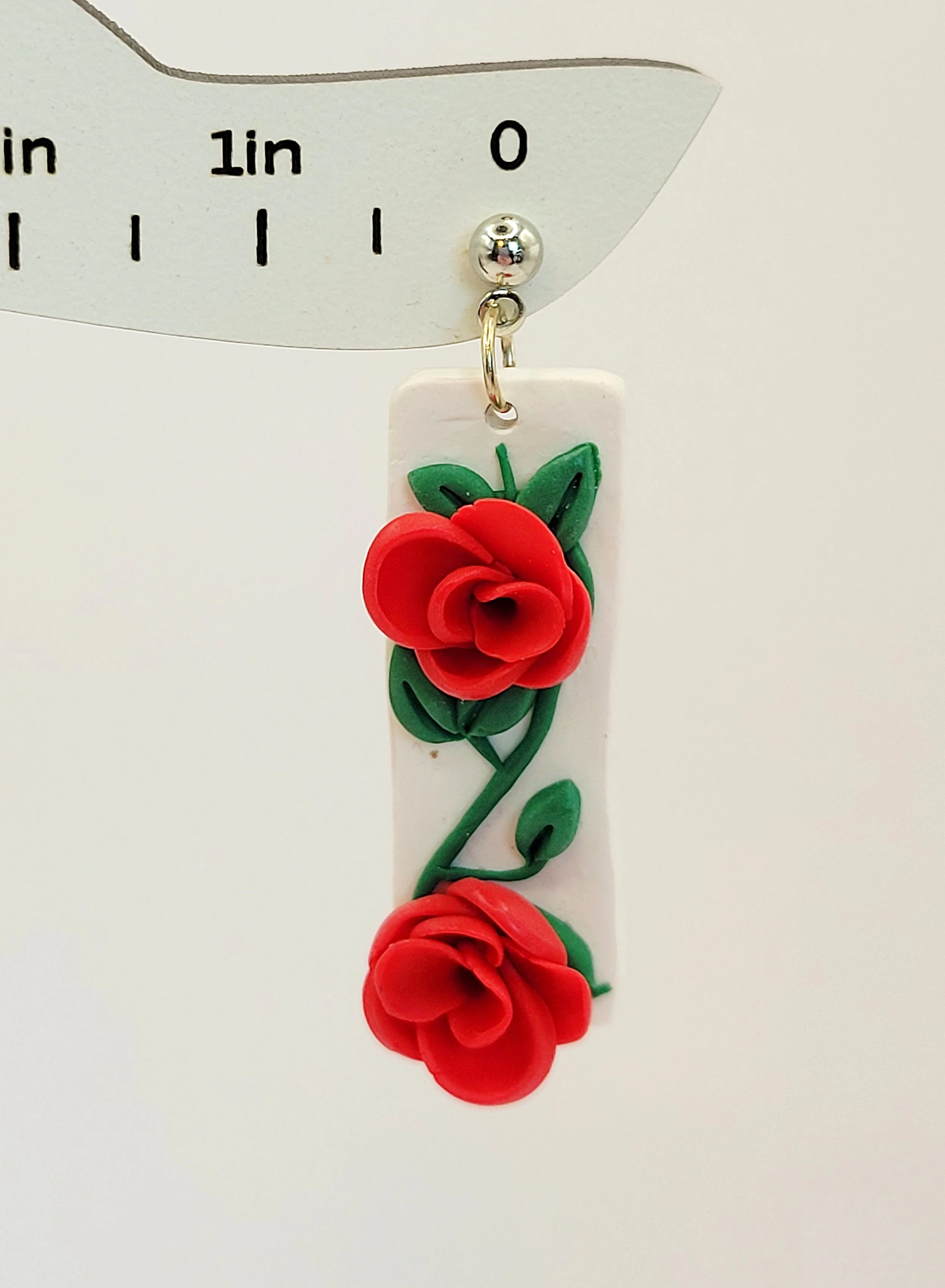 Red Rose Dangle Polymer Clay Handmade Earrings Close Up