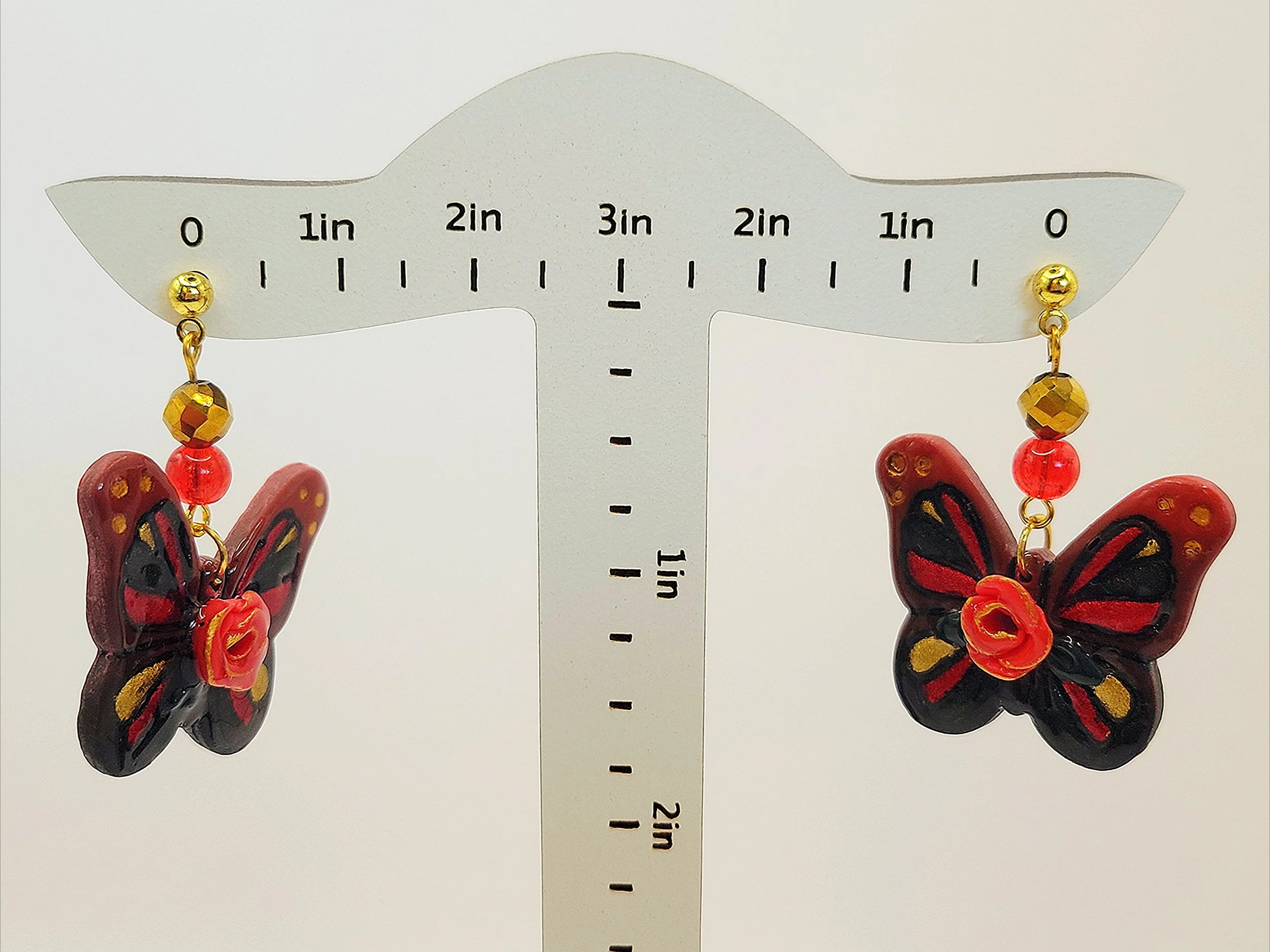 Red Rose Butterfly Handpainted Polymer Clay Earrings Length