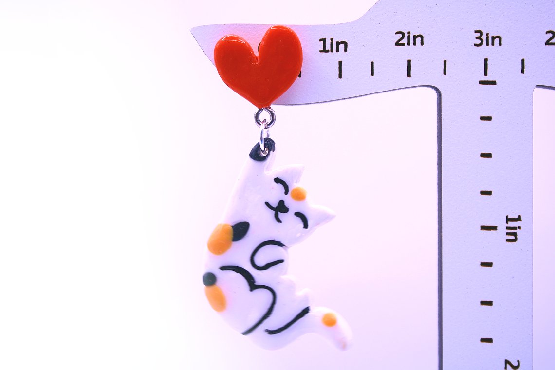 Cat Love Polymer Clay Dangle Earrings Size Closeup