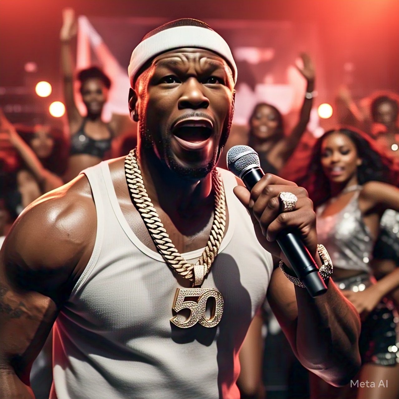 Check out this stunning AI illustration of the legendary 50 Cent, crafted with Meta AI! I used Photoshop's generative AI to blend the output of two different images based from this prompt: 

&quot;Imagine a scene with 50 Cent in a wifebeater t-shirt 