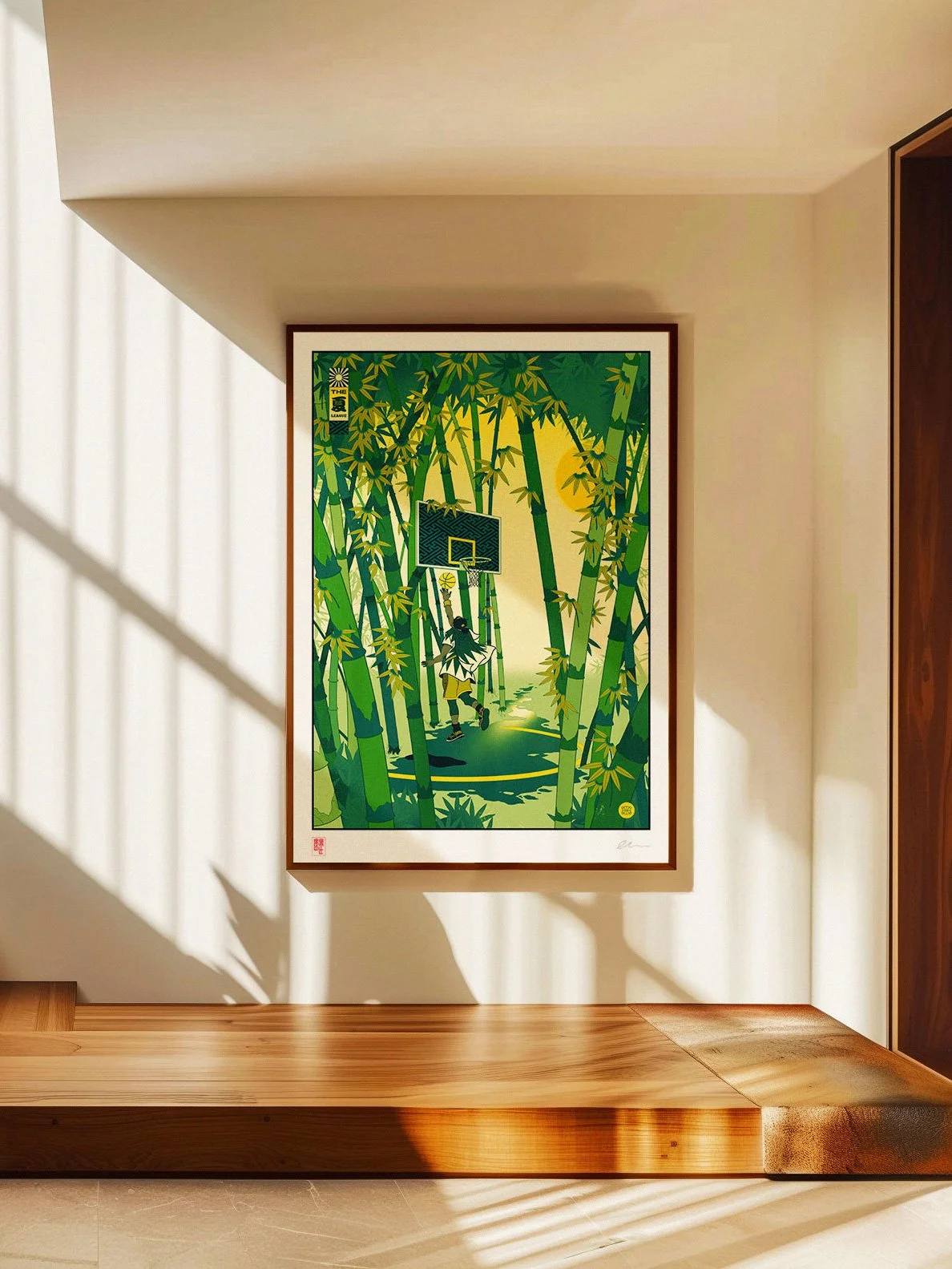 Unique basketball gift - Gallery-style framed bamboo basketball hoop art print on a modern museum-white wall.