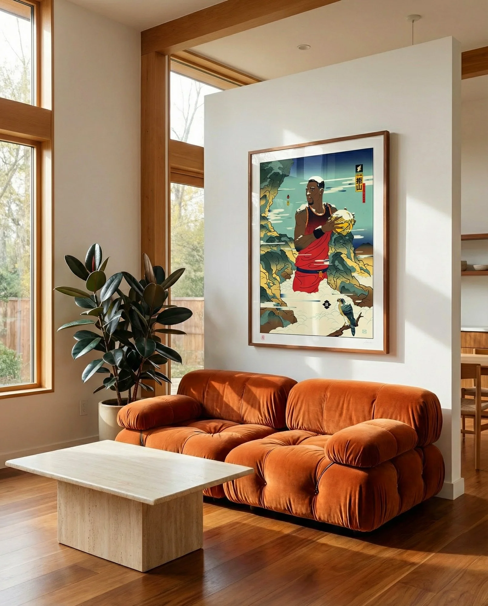 Basketball art print in Hokusai woodblock style featuring a player among blue clouds and yellow peaks.