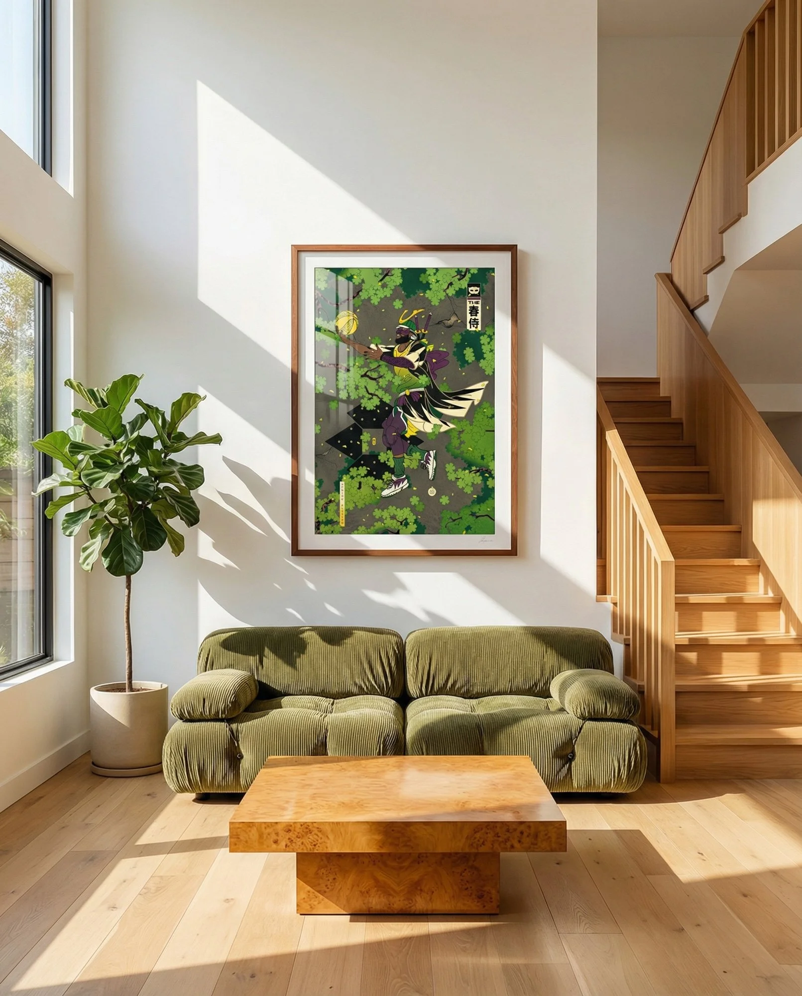 Vibrant Japanese art print of a samurai basketball player among green foliage and falling cherry blossoms.