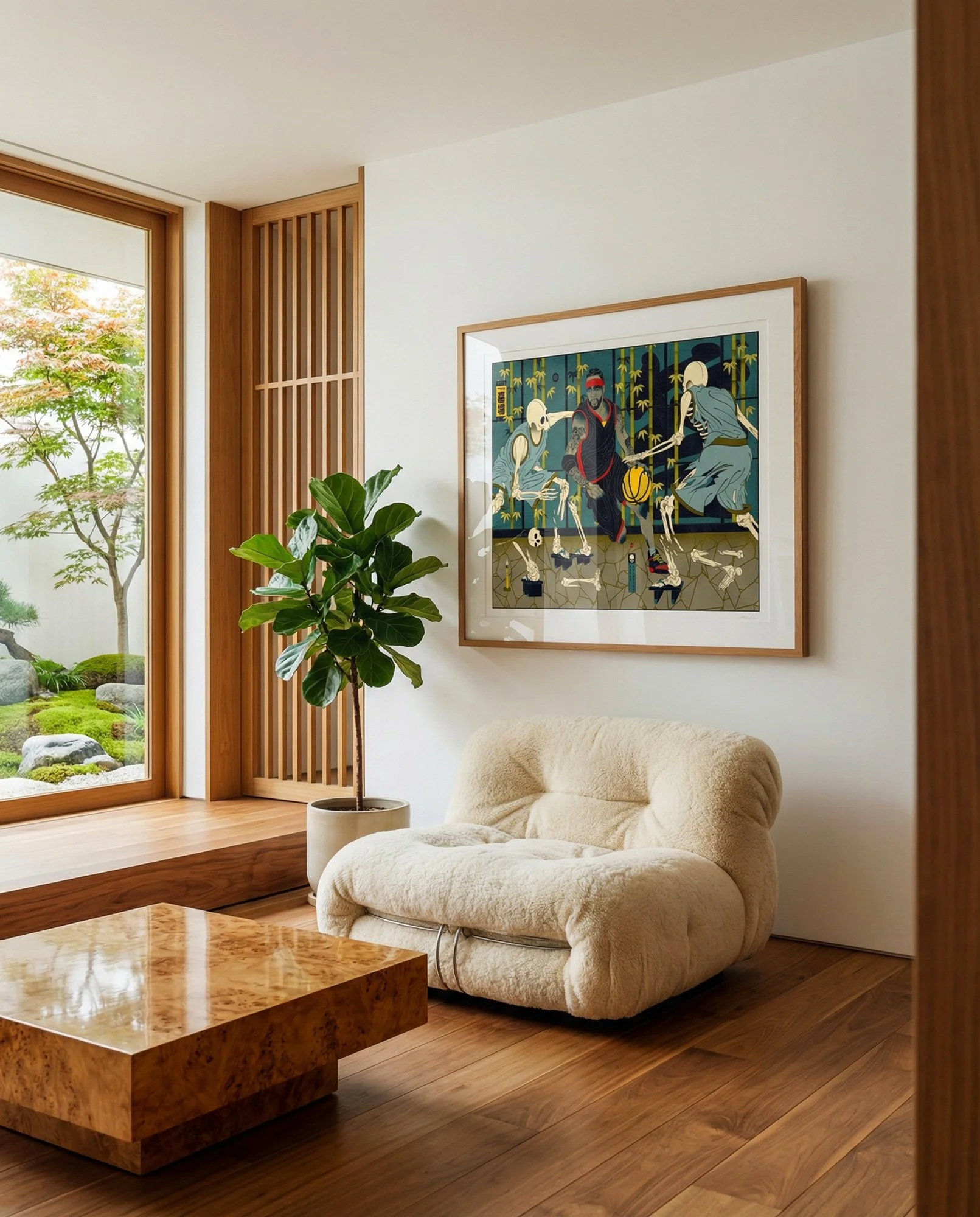 Japanese folklore art print of a basketball player crossing over skeleton defenders in a moonlit grove.