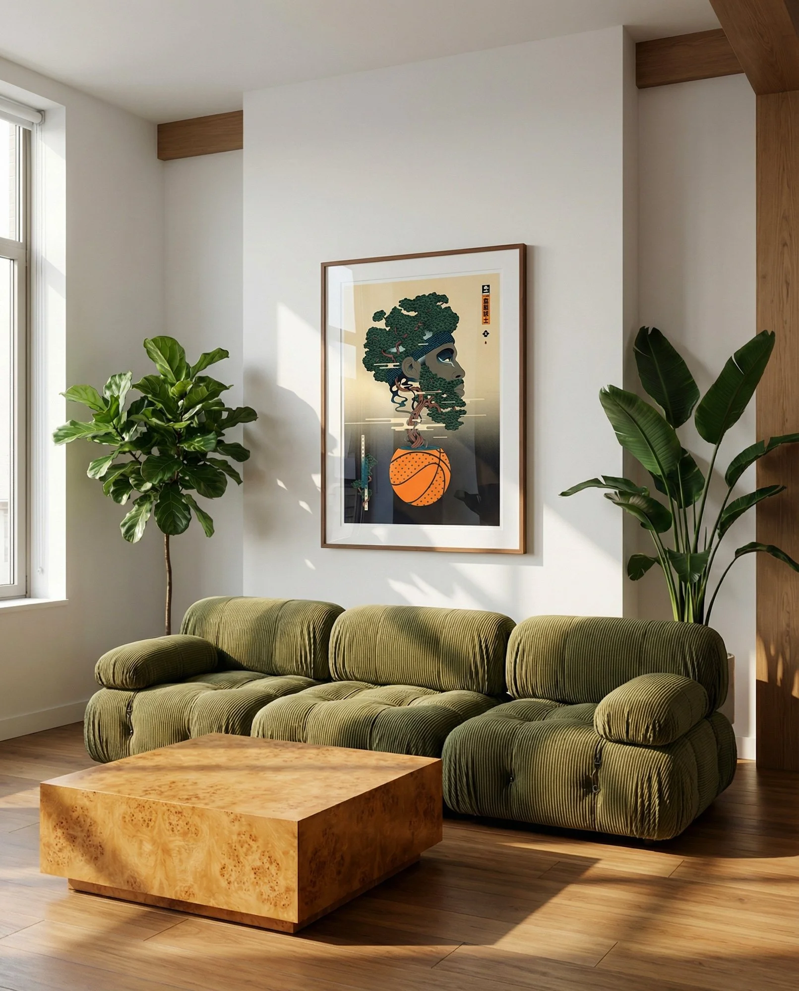 Surrealist Ukiyo-e art print featuring a basketball vase with a bonsai tree growing into a player profile.