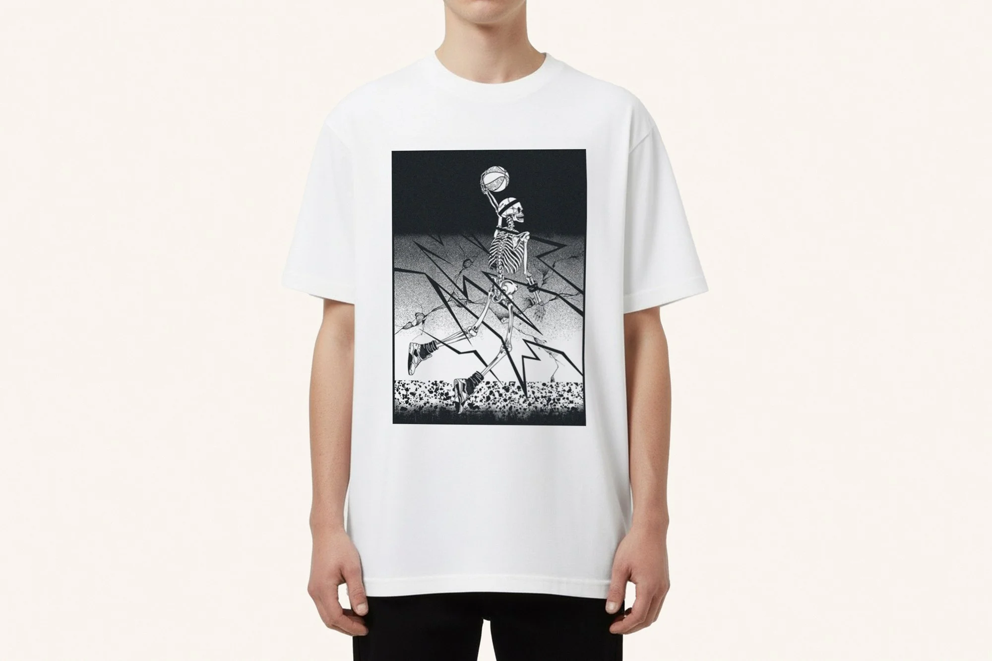 Edo Ball clothing – The Ghost T-Shirt – Japanese-inspired basketball tee featuring a skeleton dunk design symbolizing grace, flight, and the spirit of Edo Ball.