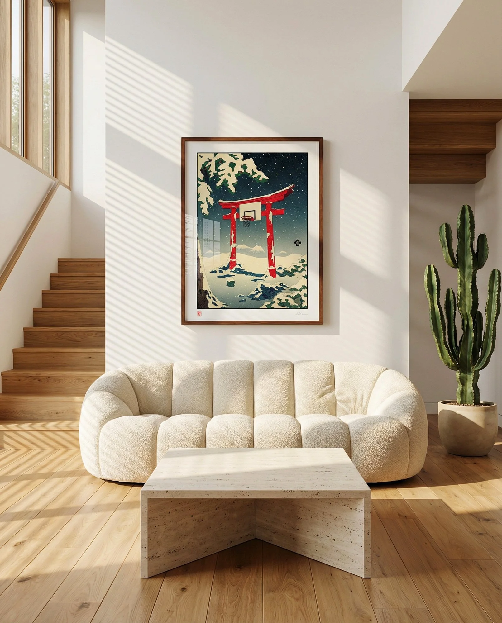 Red Torii gate art print serving as a basketball hoop in a serene, snowy Japanese landscape.