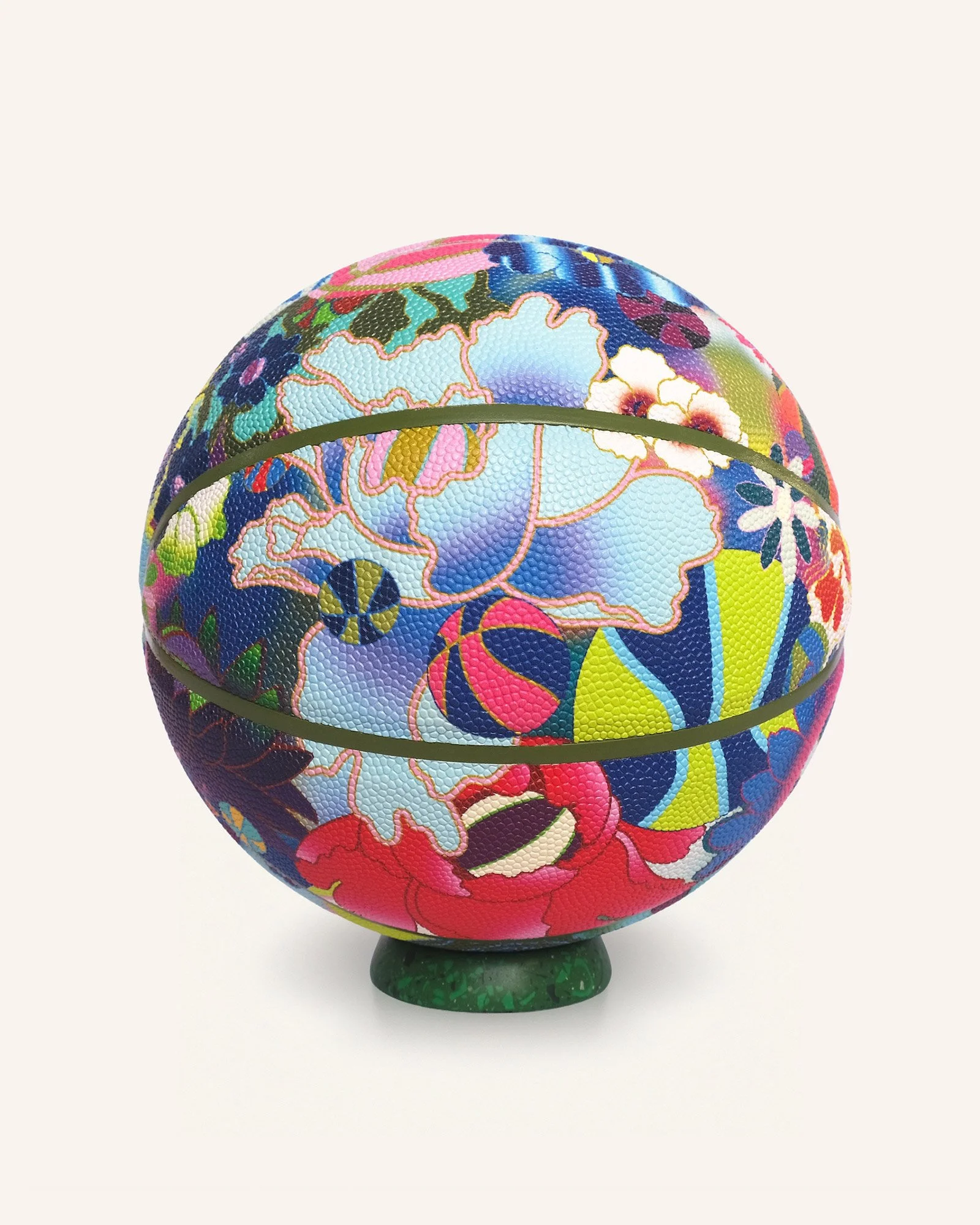 Designer art basketball with bold multicolour floral pattern, Edo Ball collectible showing side view of Blossom Ball courts inspired design.