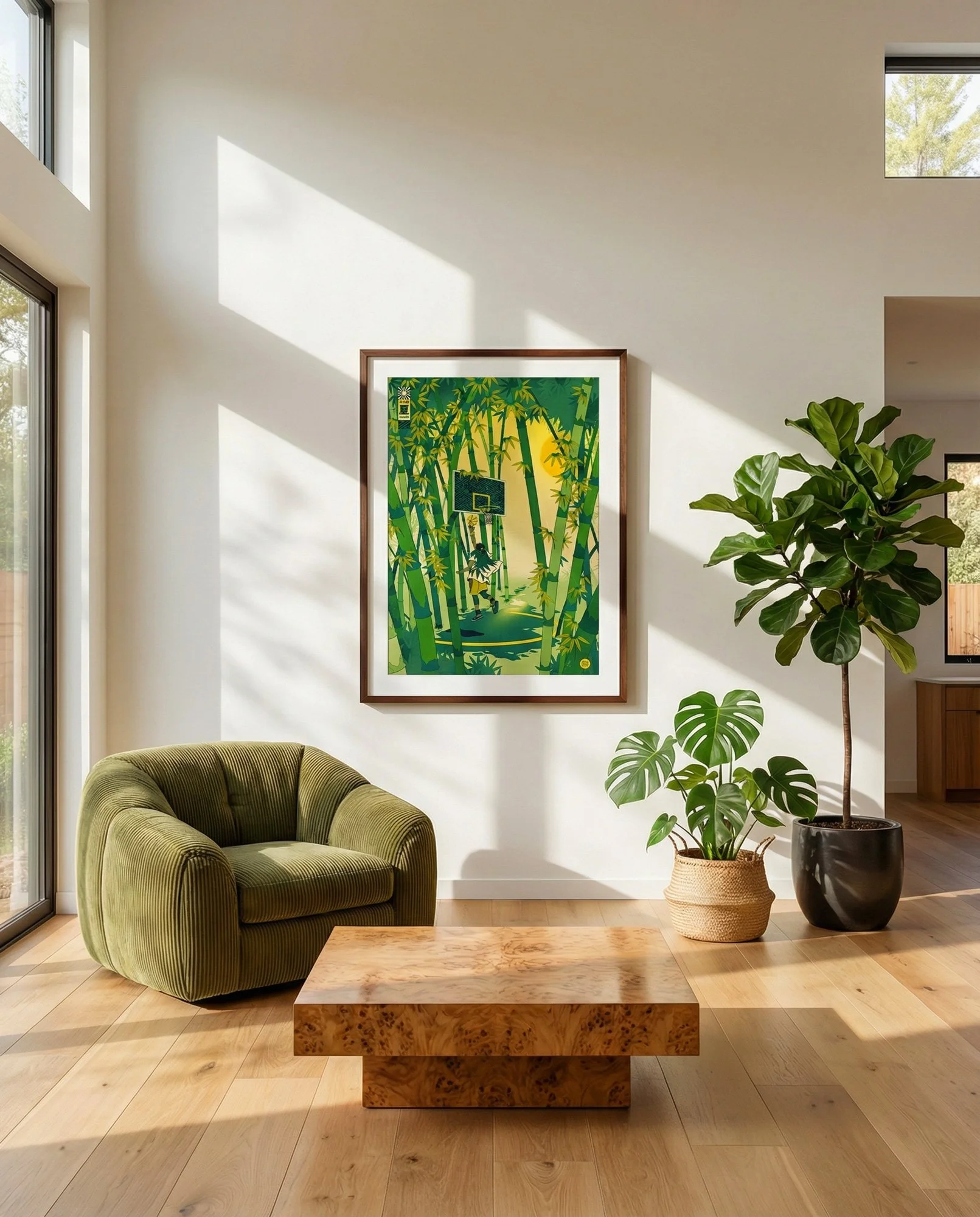 Japanese woodblock style art print of a basketball hoop in a bamboo forest with a player in silhouette.