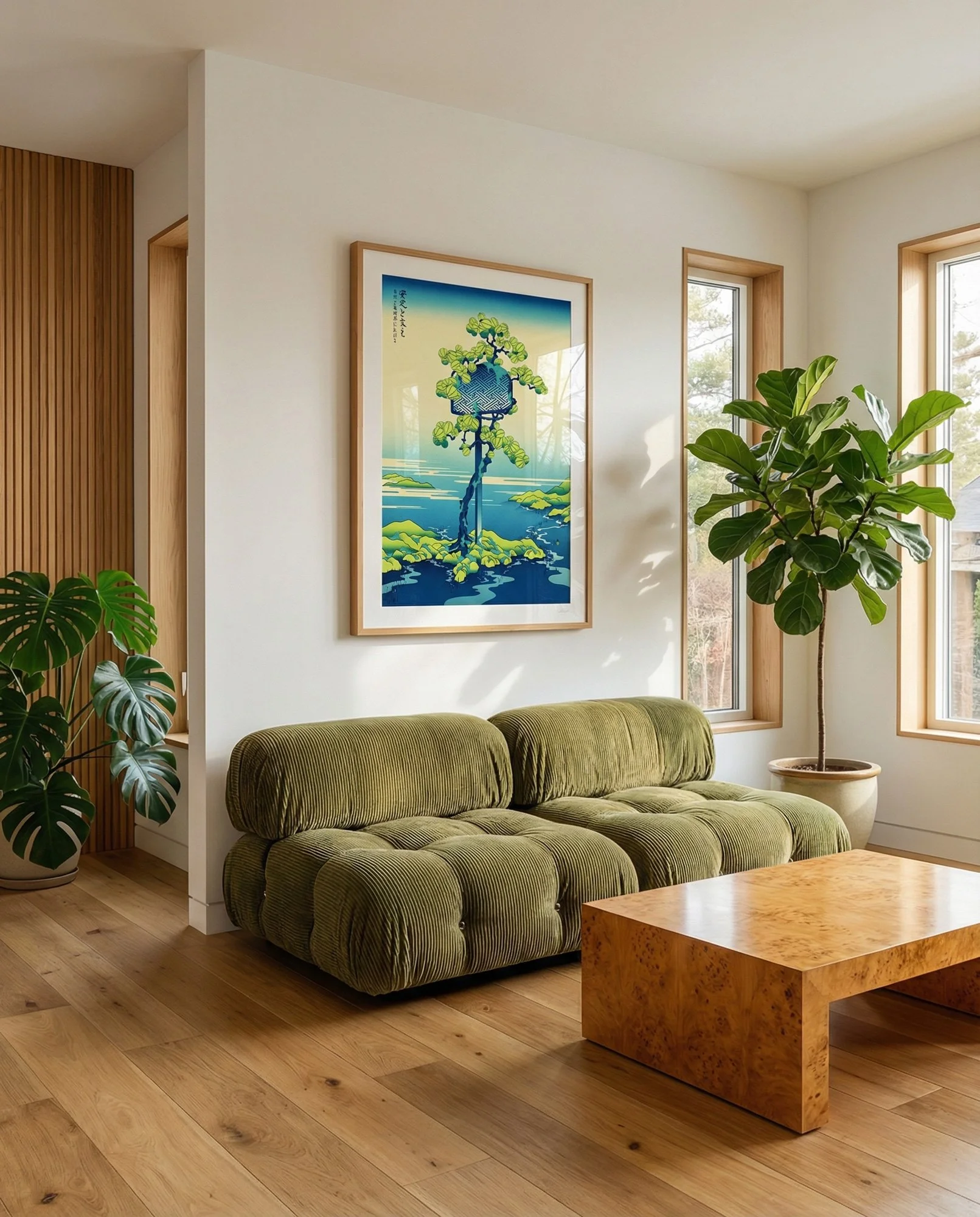 Zen Japanese landscape art print of a lone pine tree basketball hoop overlooking a serene bay.