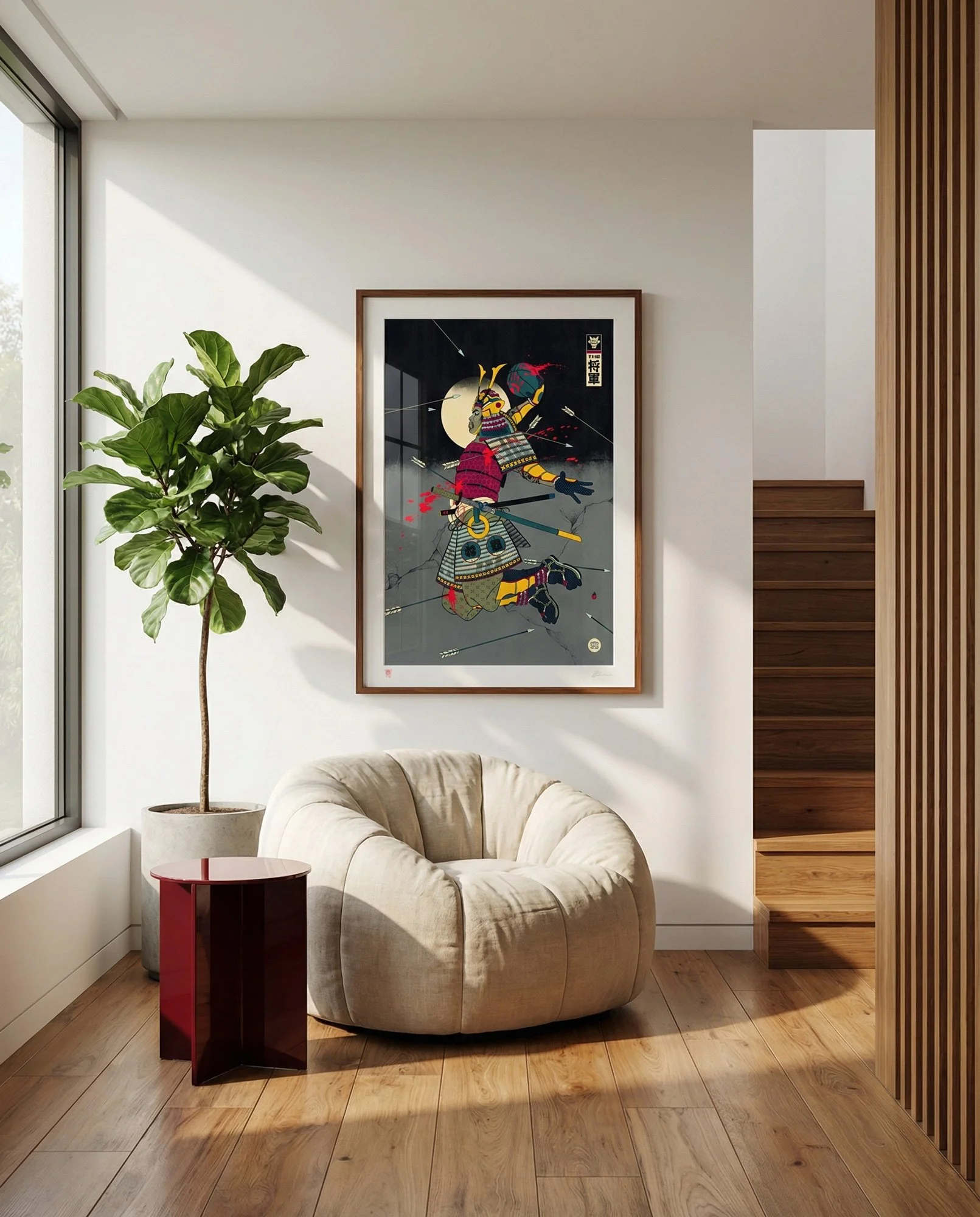 Ukiyo-e Shogun art print of a samurai in ornate armor performing a jump shot amidst flying arrows.