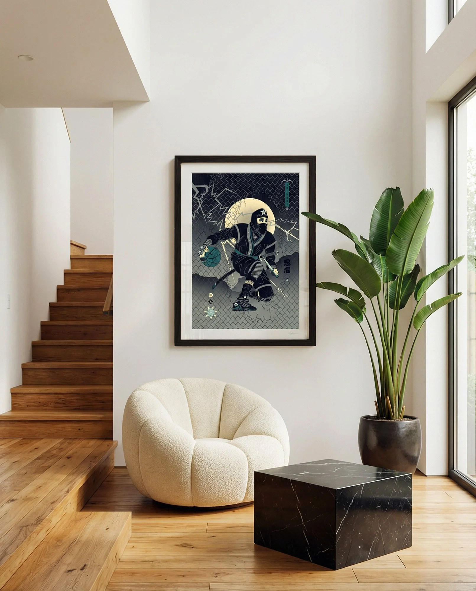 Dark ninja art print in woodblock style featuring a shinobi with a basketball against a glowing moon.