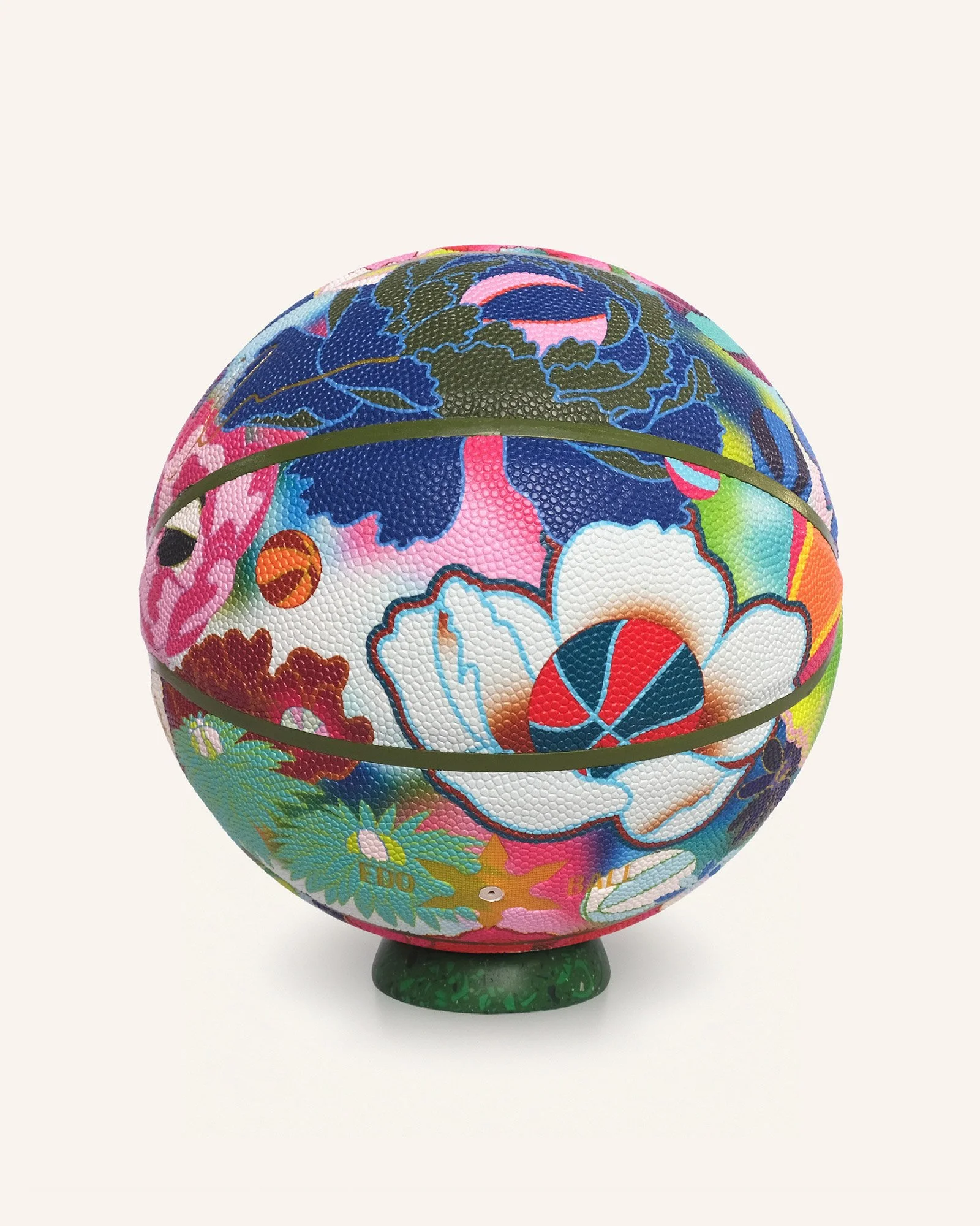Floral Edo Ball art basketball, Blossom Ball edition with multicolour Japanese-inspired flower pattern, collectible designer basketball on display stand.