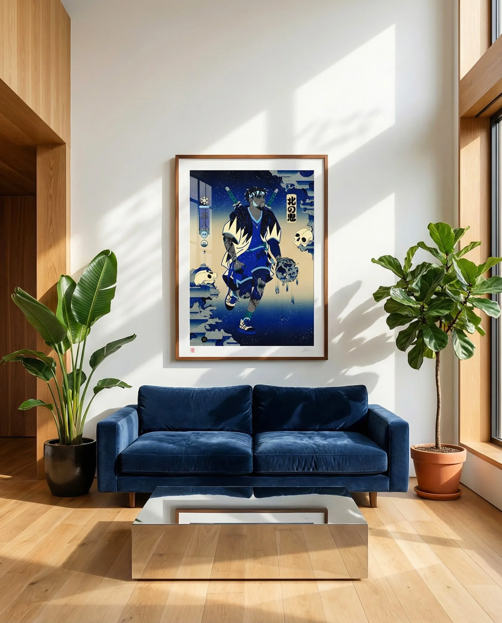 Ukiyo-e samurai art print of a ronin dribbling a melting ice basketball through a snowy landscape.