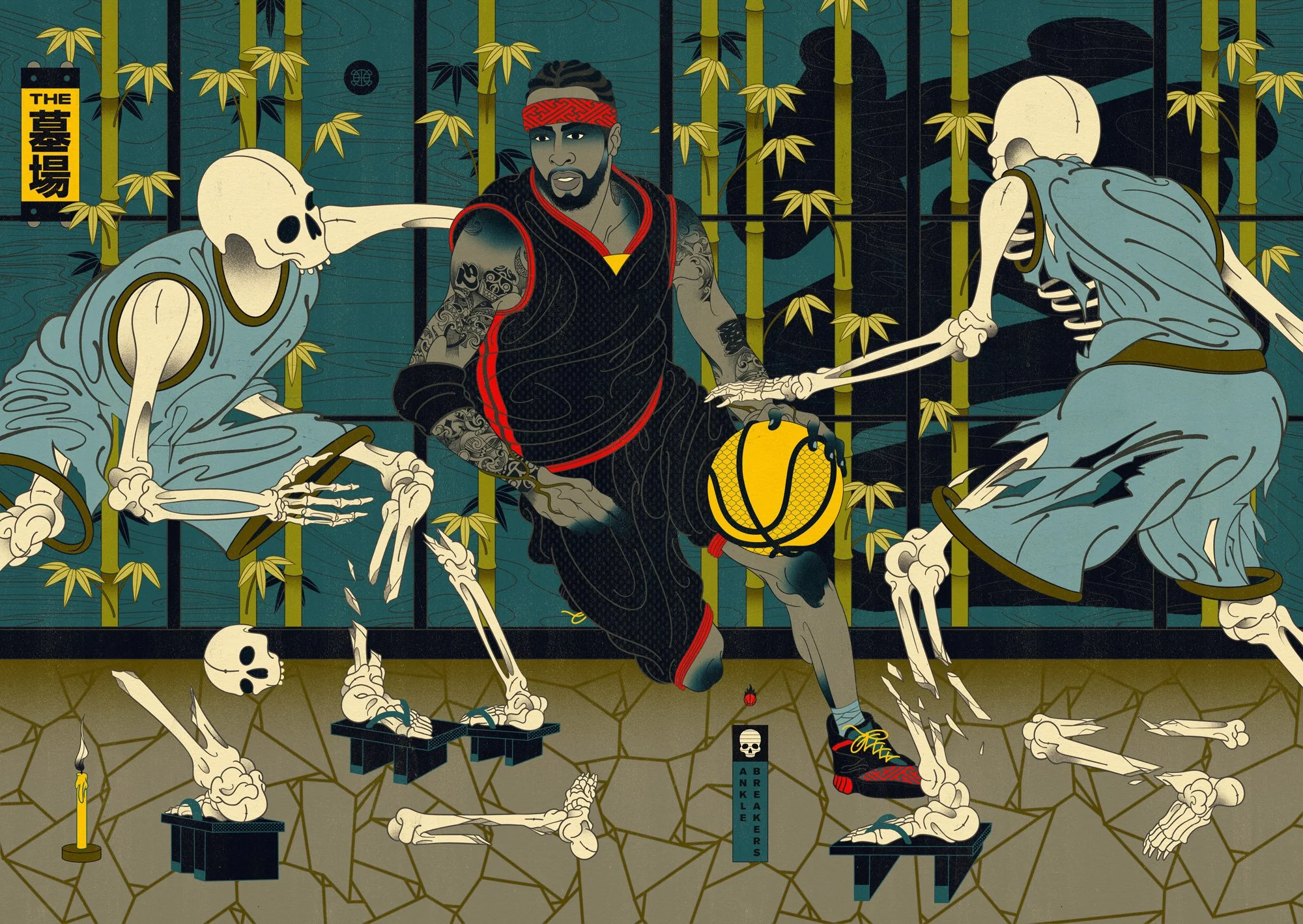 The Graveyard by Edo Ball — a dramatic Japanese basketball artwork showing a fearless player dribbling through skeletal defenders in a haunted bamboo court, symbolizing perseverance and dominance beyond the grave.