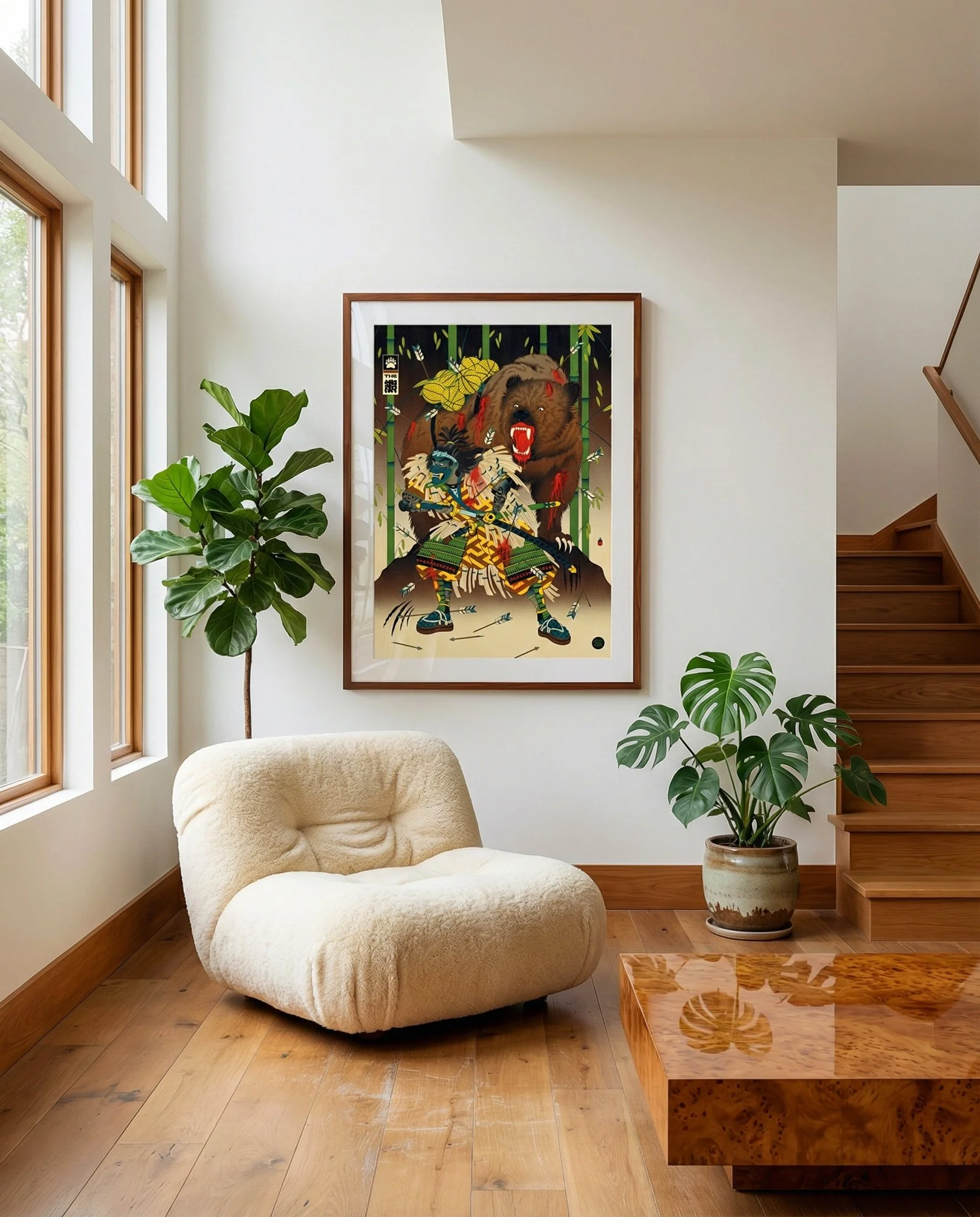 Ukiyo-e samurai art print of a blue warrior facing a giant bear in a bamboo forest, basketball inspired.