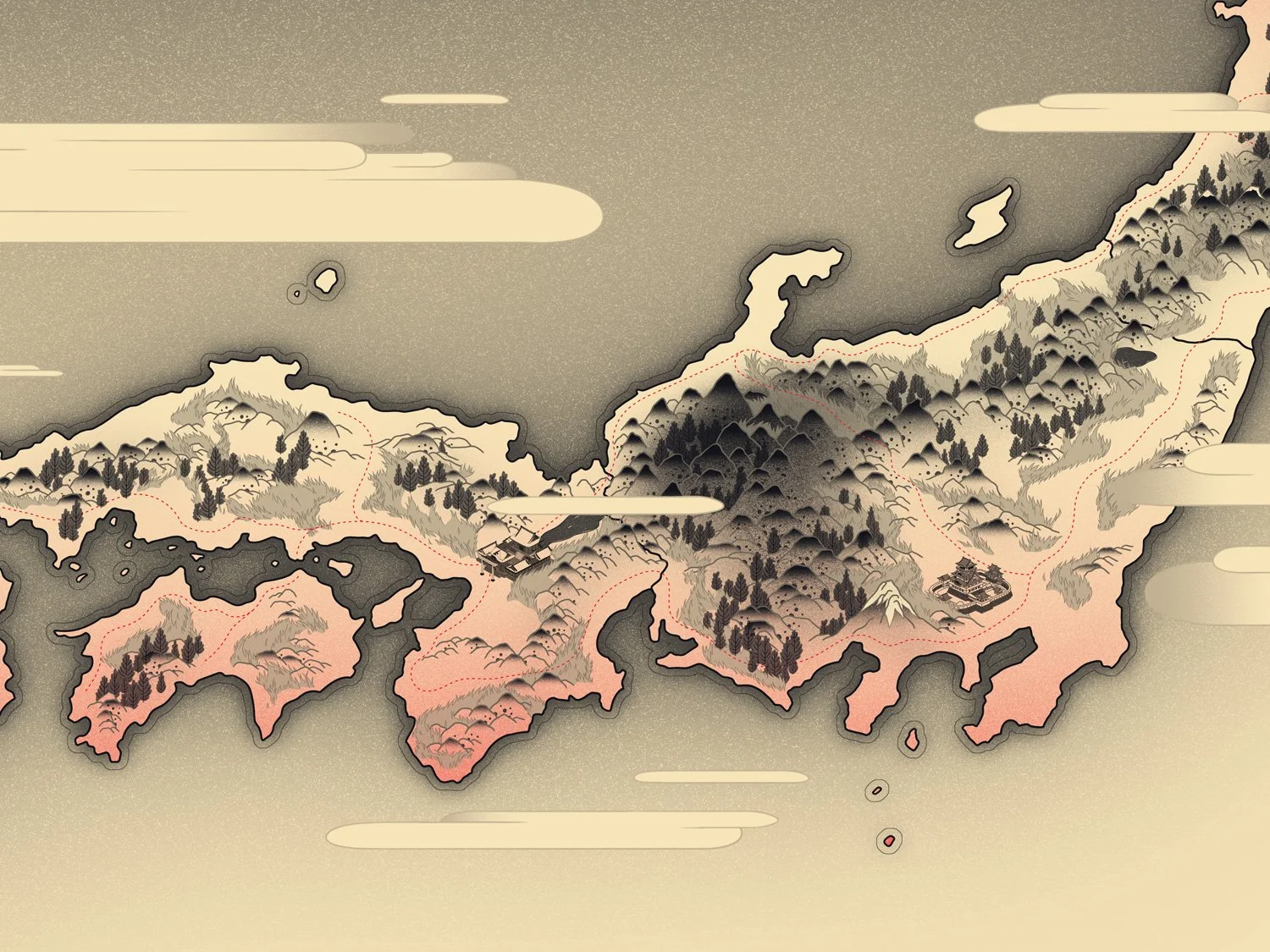 Map of edo ball basketball mixed with japanese art and NBA culture.