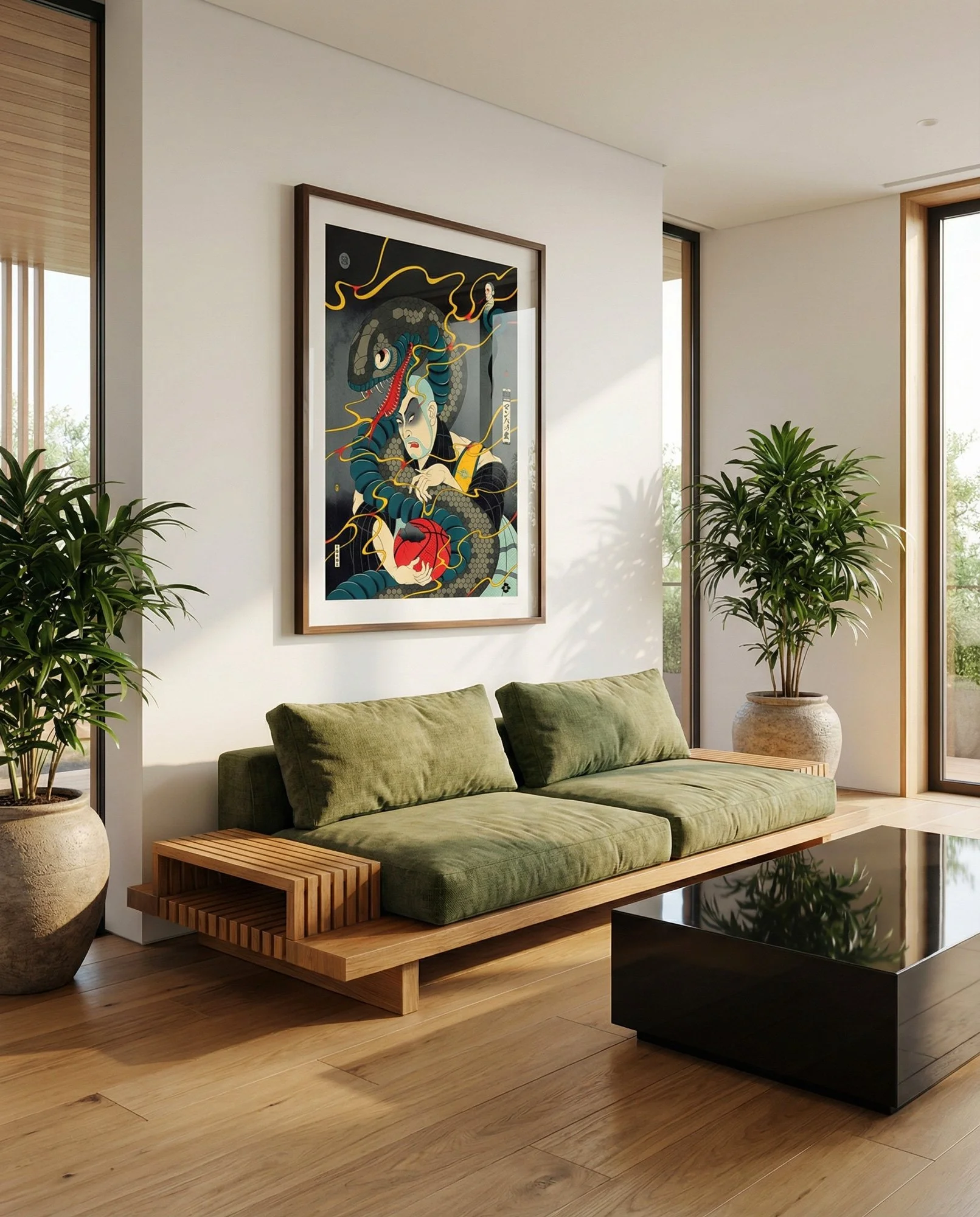 Kobe inspired samurai art print wrestling a giant serpent while protecting a red basketball.