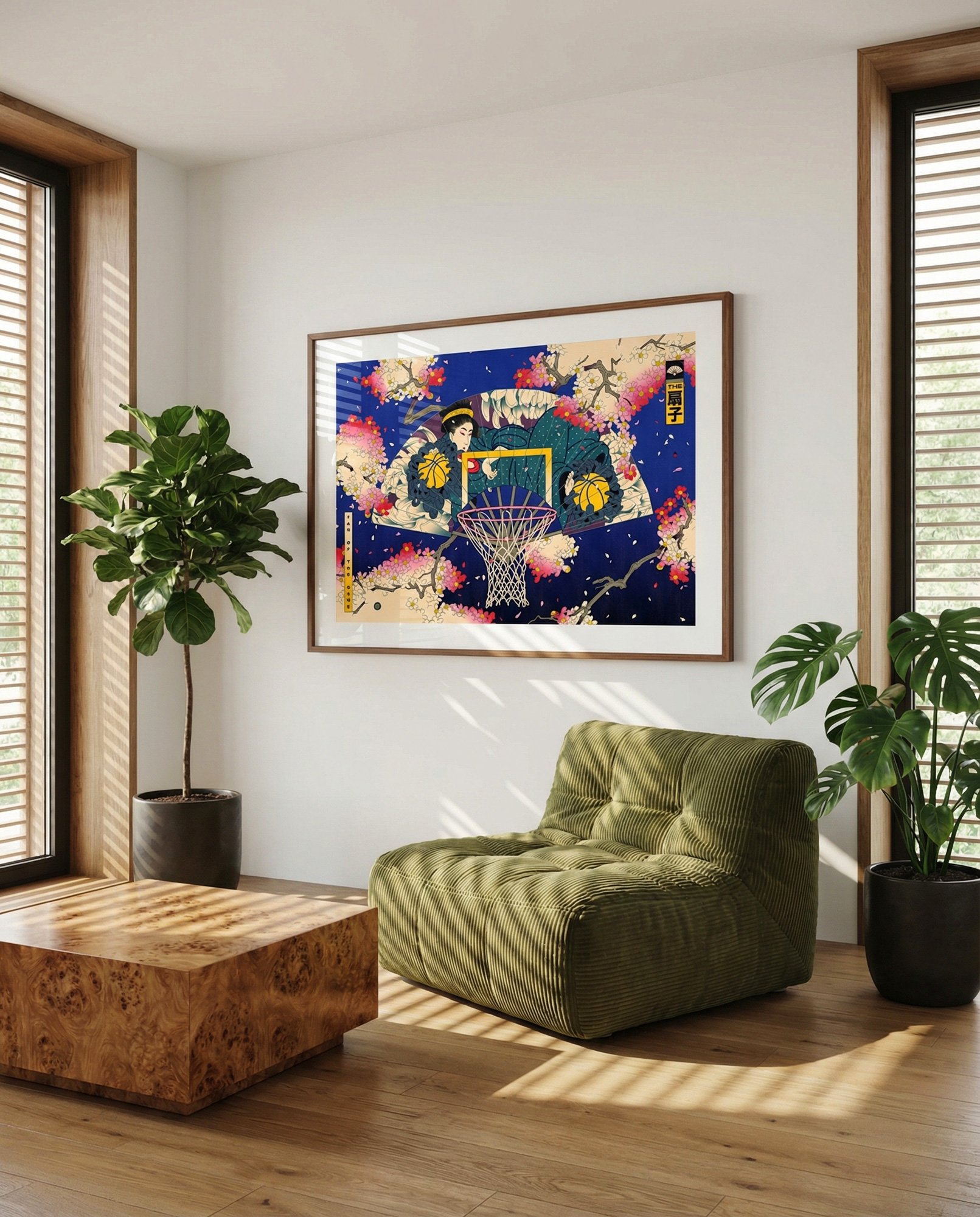 Ukiyo-e art print of a geisha with basketball fans, cherry blossoms, and a golden hoop for home decor.
