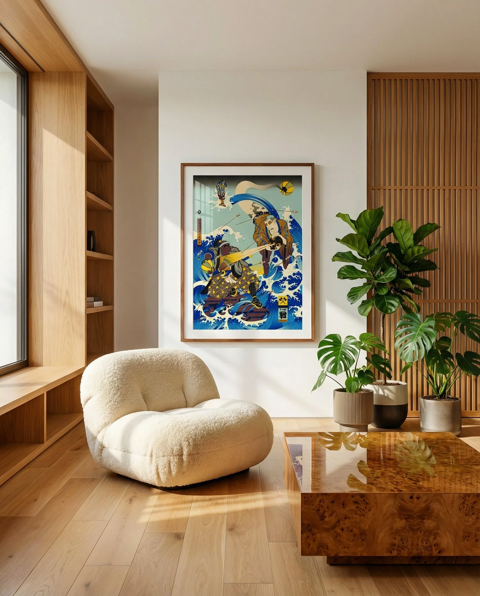 Dynamic Ukiyo-e art print "ISO" featuring Hokusai-inspired waves and basketball players in a coastal game.