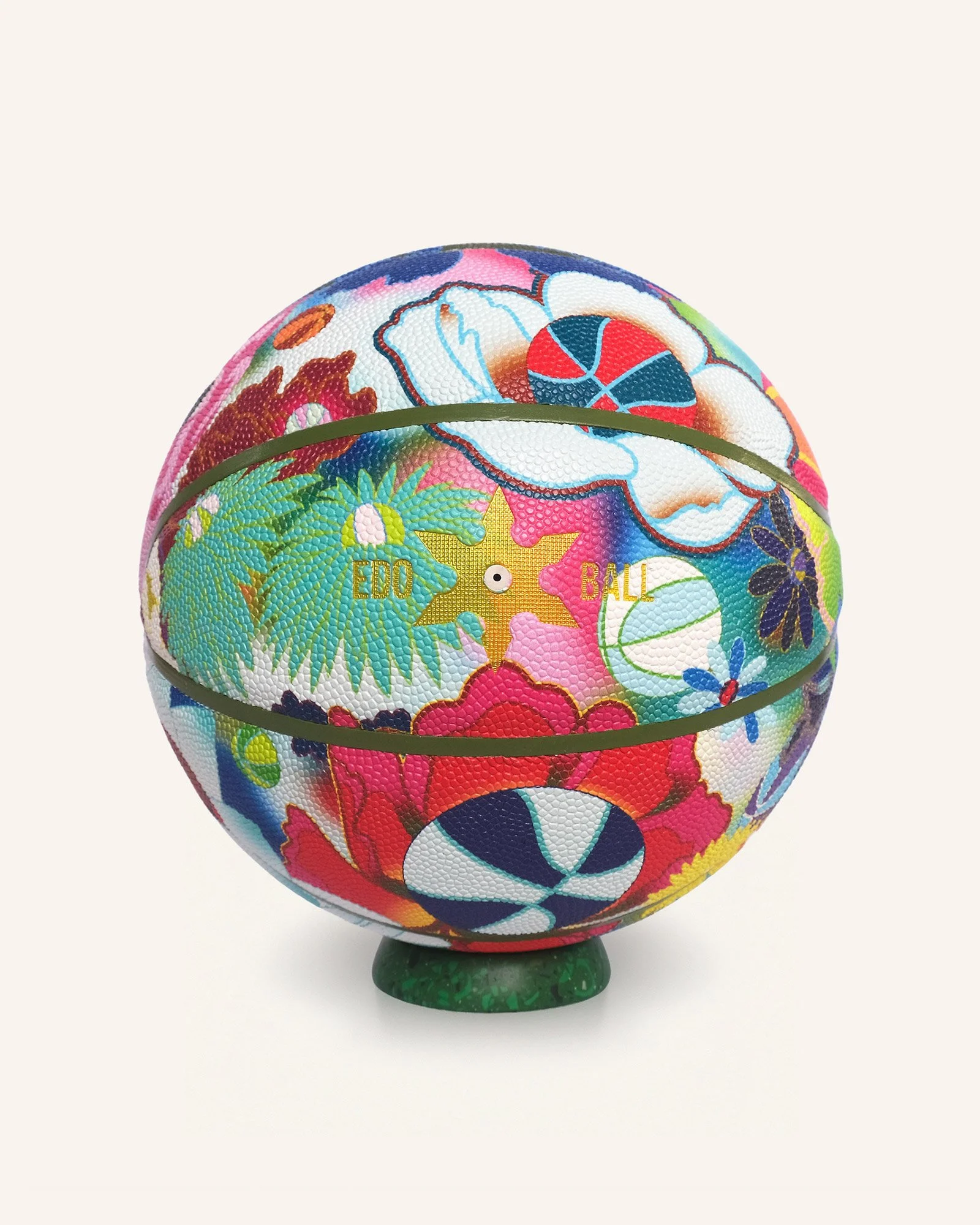 Edo Ball floral art basketball with logo panel visible, Japanese-inspired basketball art featuring layered petals and colourful blossom pattern.