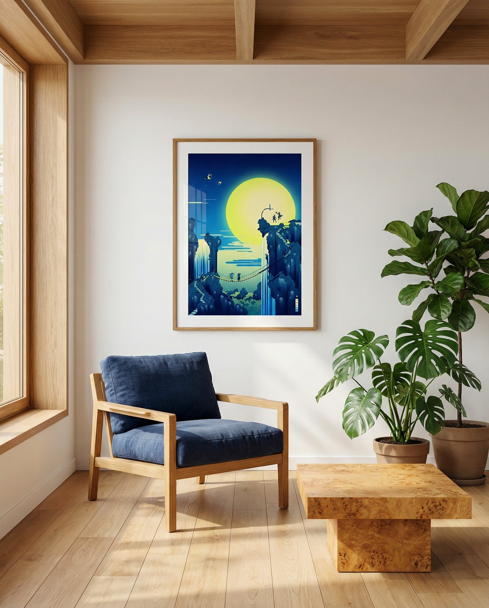 Japanese woodblock landscape art print of a basketball hoop on a mountain cliff under a massive full moon.