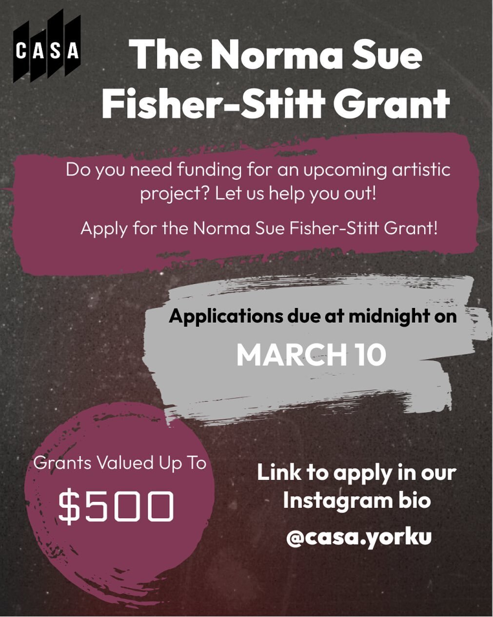 The Creative Arts Student Association (CASA) will award grants to undergraduate students at York University to financially assist student-run performances; projects; exhibitions; and other creative art initiatives.

Approved applications will be gran