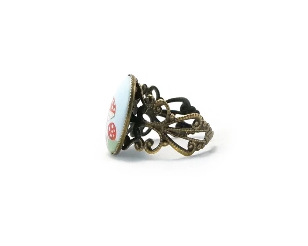 blue red mushroom nickel free adjustable ring