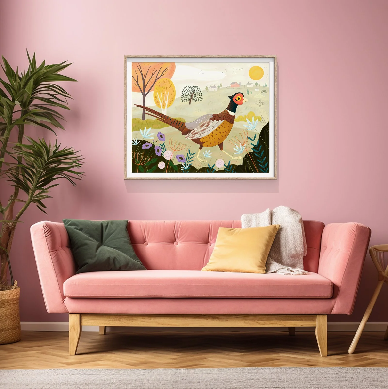Pheasant landscape illustration looking pretty in pink. I've been finding myself drawn towards more colorful home interiors lately. I don't think I'd be brave enough to do something this bold, but I have been wanting to add more color to my home with