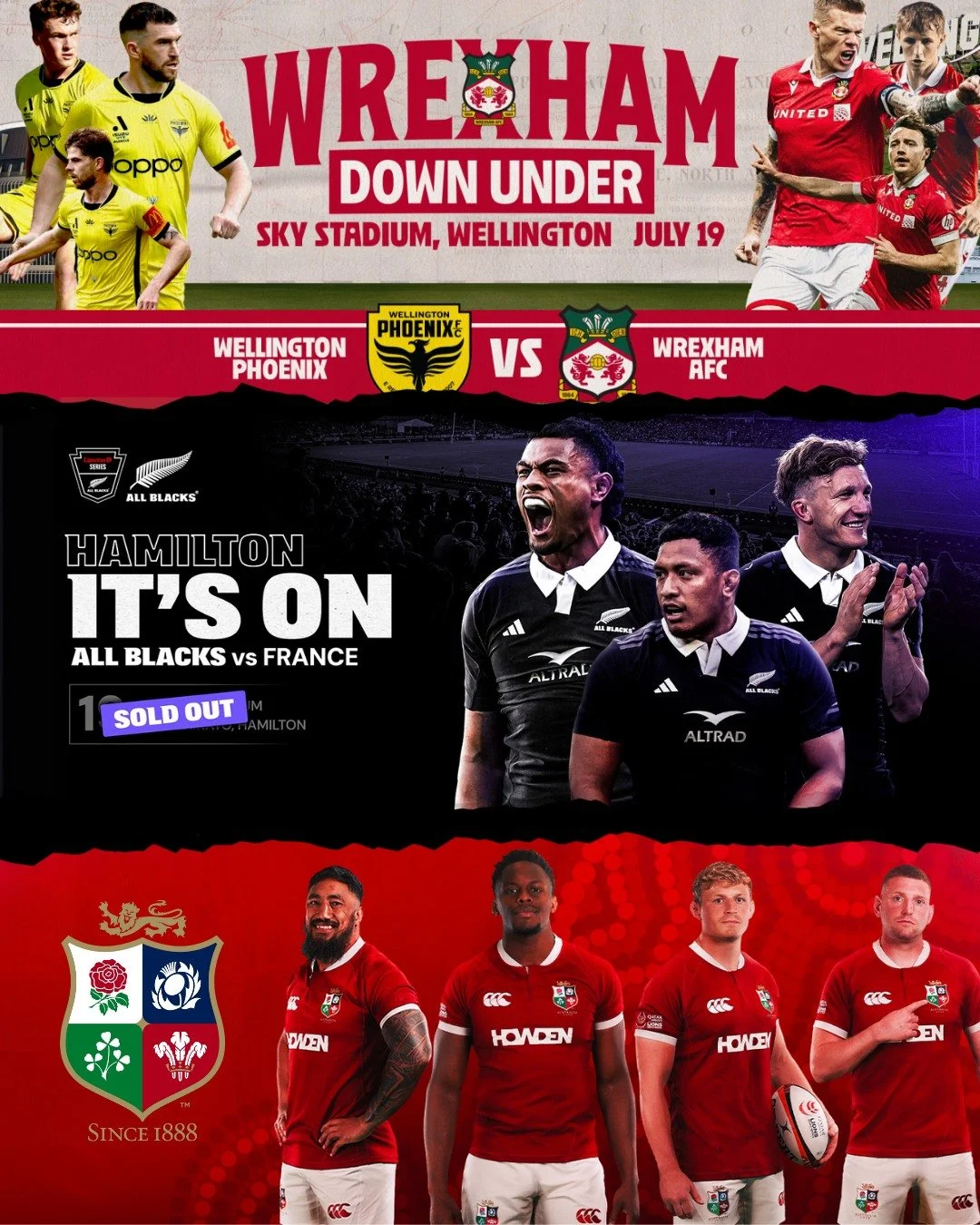 We&rsquo;re going back-to-back-to-back this Saturday.

⚽ 5:00pm &ndash; Wrexham FC vs Wellington Phoenix
🏉 7:05pm &ndash; All Blacks vs France
🦁 10:00pm &ndash; British &amp; Irish Lions vs Australia

Rumor has it @vancityreynolds is swinging by fo
