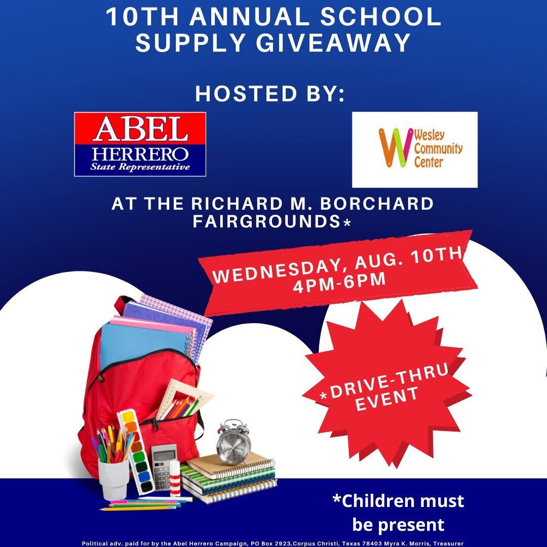 Our 10th Annual School Supply Giveaway at the Richard M. Borchard Fairgrounds is tomorrow! Our drive-thru style event will be from 4 pm to 6 pm. Please note there will be one entrance on Country Road 40 and one exit onto US 77. #HD34 #BackToSchool Re