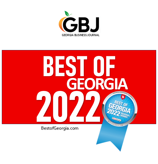 Text announcing 'The Results Are In!' with a blue ribbon labeled 'Best of Georgia' from the Georgia Business Journal, related to 2022 spa awards. J Renee Esthetics, SHelly Todd