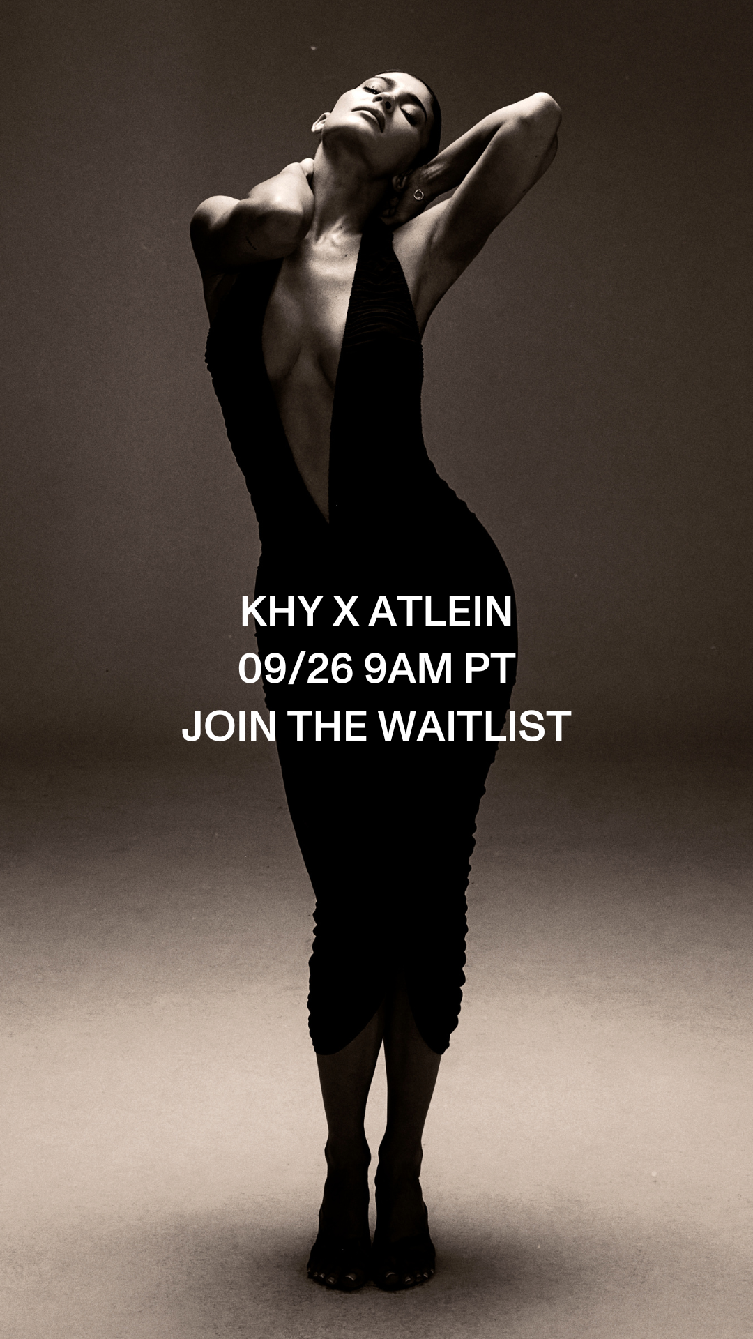 Black and white photo of woman in a revealing black dress posing with her hands behind her head. Overlaid text promotes an event featuring KHY and ATLEIN, scheduled for September 26 at 9 AM PT, inviting viewers to join the waitlist.