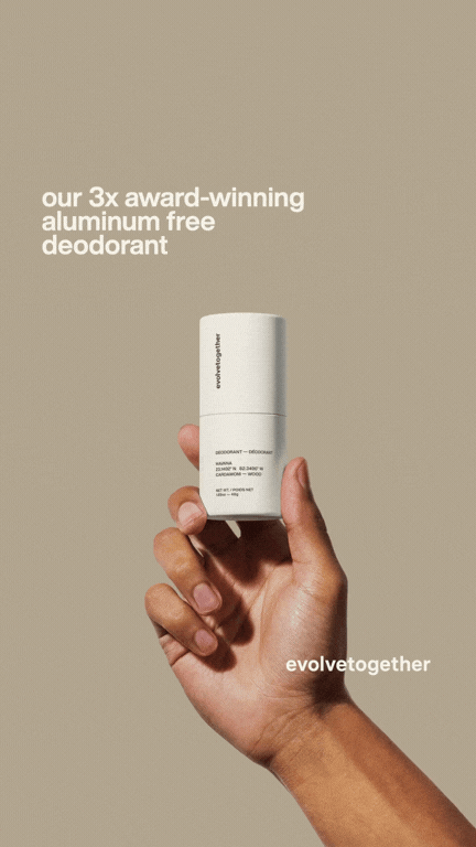 Hand holding a roll-on aluminum-free deodorant bottle against a beige background with text about award-winning natural deodorant and the brand name evolve together.