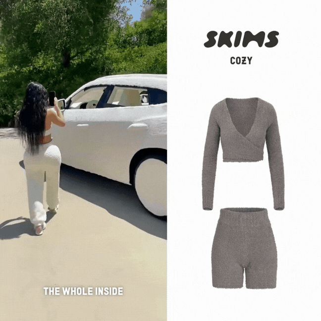 Person taking a photo next to a white car with woven fabric covering the wheels, outdoors with green trees in the background; right side shows a gray knit matching set of a crop top and shorts with the text 'Skins Cozy'.