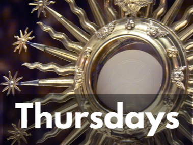 A religious monstrance with gold rays and stars, with the word 'Thursdays' overlaid in white text.