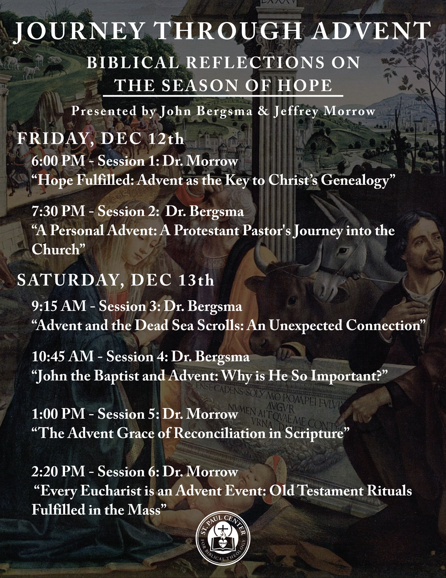 Advent Mission schedule featuring St. Paul Center speakers Dr John Bergsma and Dr Jeffrey Morrow, speaking on the Eucharist and the Old Testament rituals fulfilled in the Mass