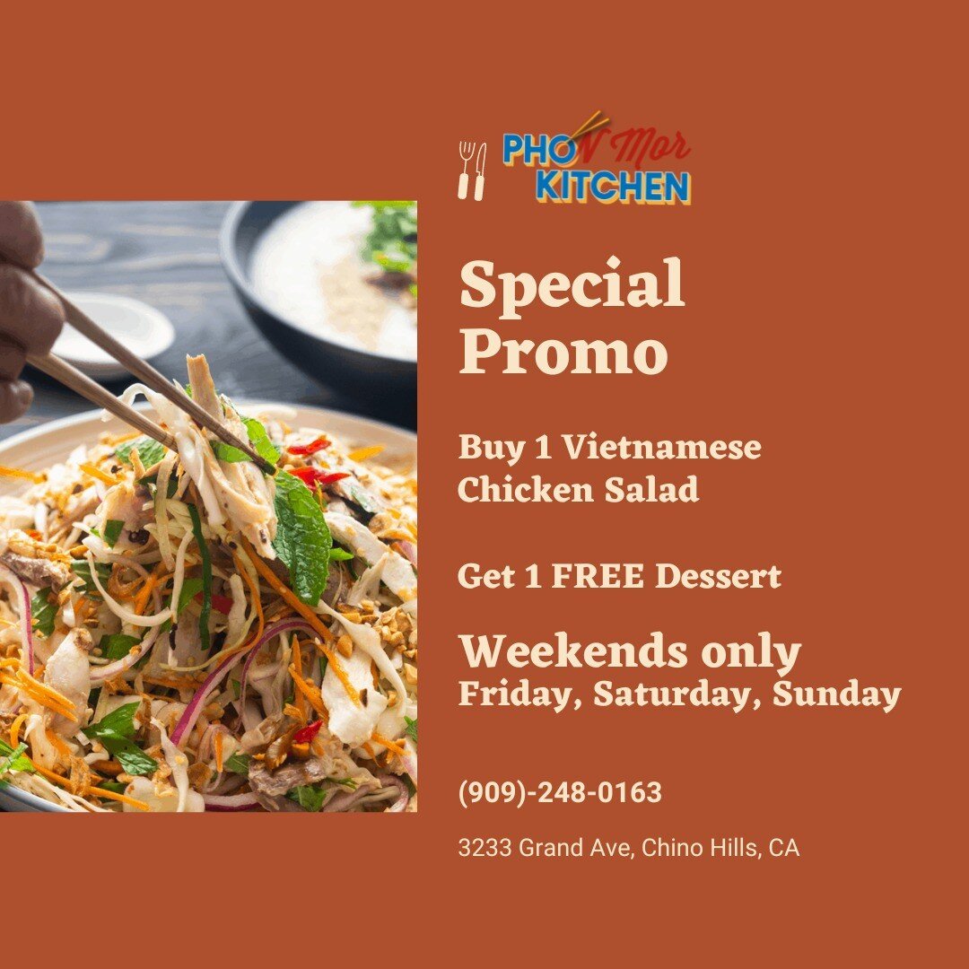 Calling all the chicken lovers 📣📣📣 Head our way this weekend for some special promo!

With any order of Vietnamese Chicken Salad, you will get a FREE dessert.
________________
#pho #vietnamese #food #foodie #626 #chinohills #yelp #eaterla #chicken