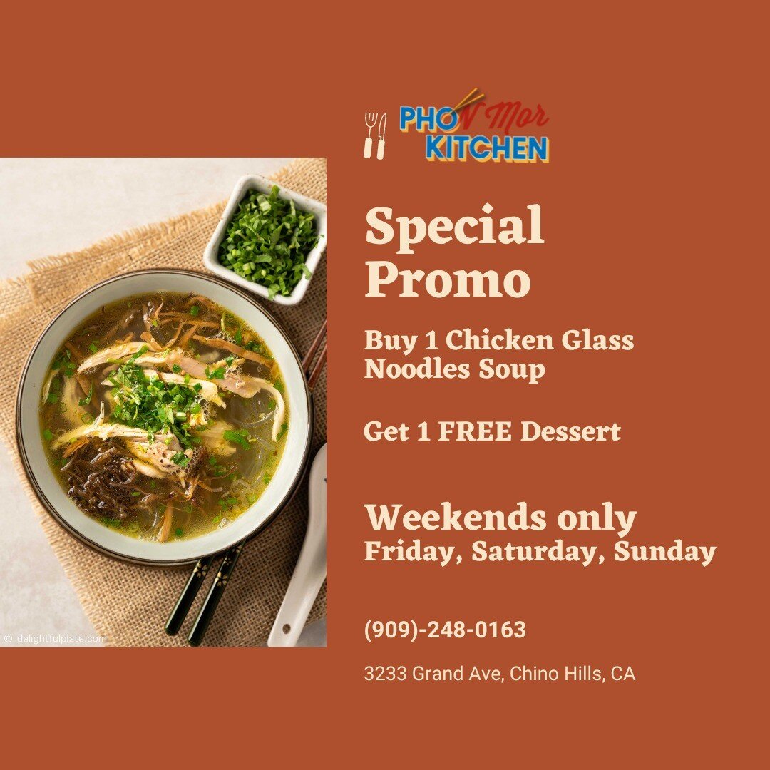 Calling all the chicken lovers 📣📣📣 Head our way this weekend for some special promo!

With any order of Chicken Glass Noodles Soup, you will get a FREE dessert.
________________
#pho #vietnamese #food #foodie #626 #chinohills #yelp #eaterla #chick