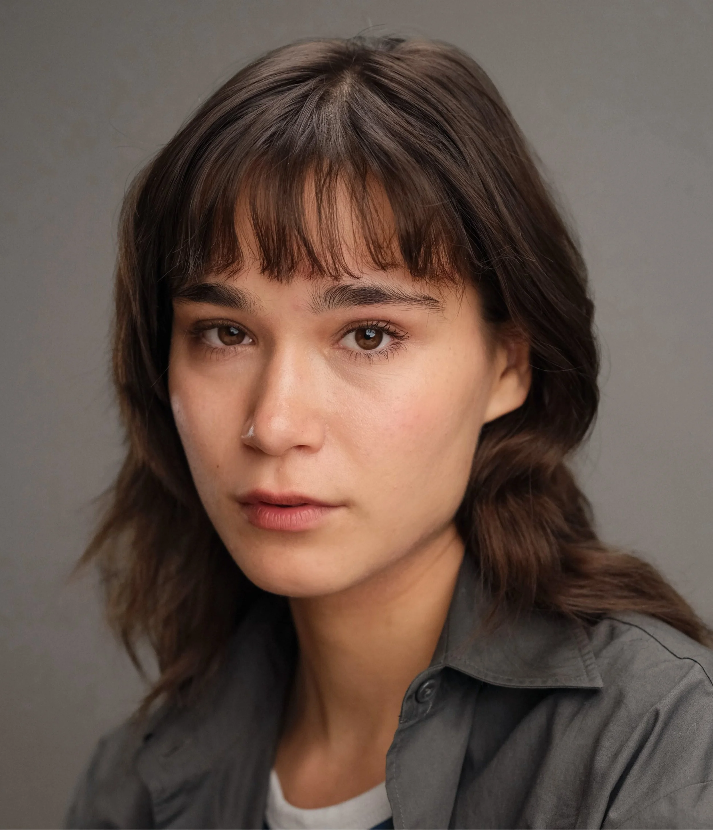 Close-up portrait of a young woman with shoulder-length brown hair and brown eyes looking at the camera, wearing a gray shirt against a plain gray background.