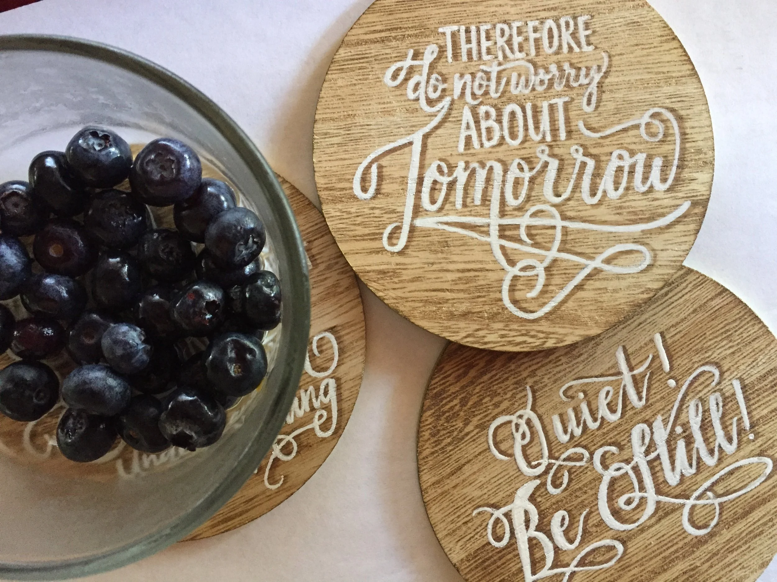 Hand lettered wooden coaster set | Photography: Grafted HI
