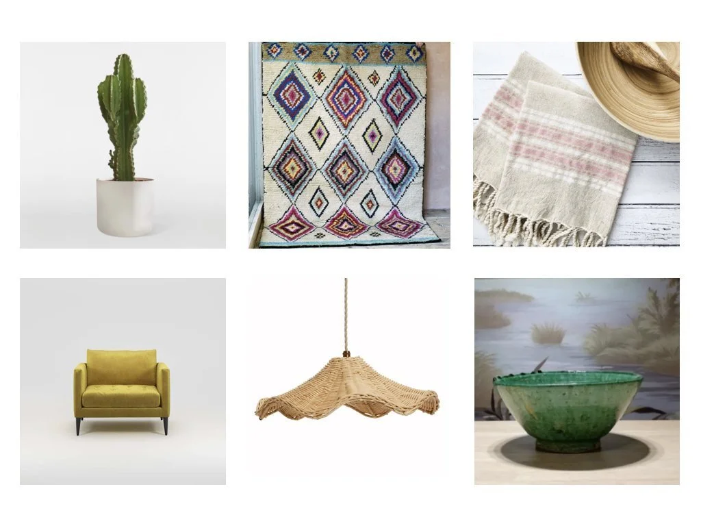 Cactus from Patch Plants | Berber Rug | Hamman Towels | Rattan Lampshade | Velvet Armchair | Green Ceramic Bowl