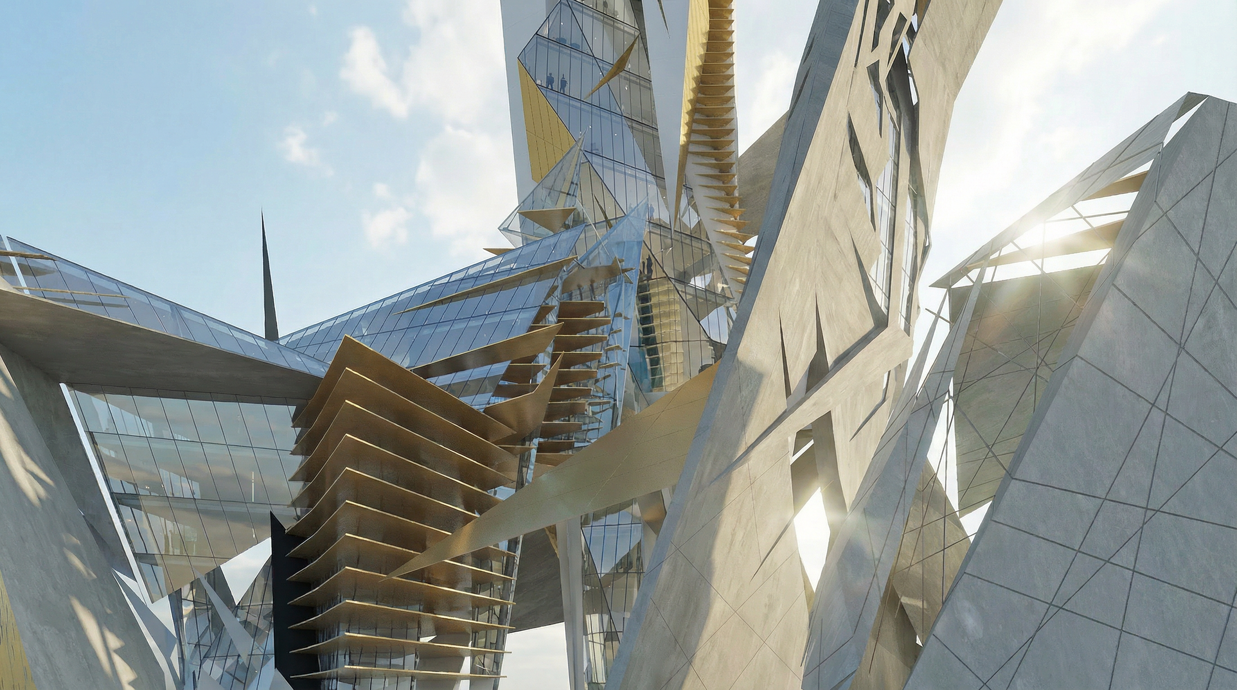 Signature designed tower by Marc Northstar. Looking upwards, showing curtainwalls and concrete walls in irregular forms