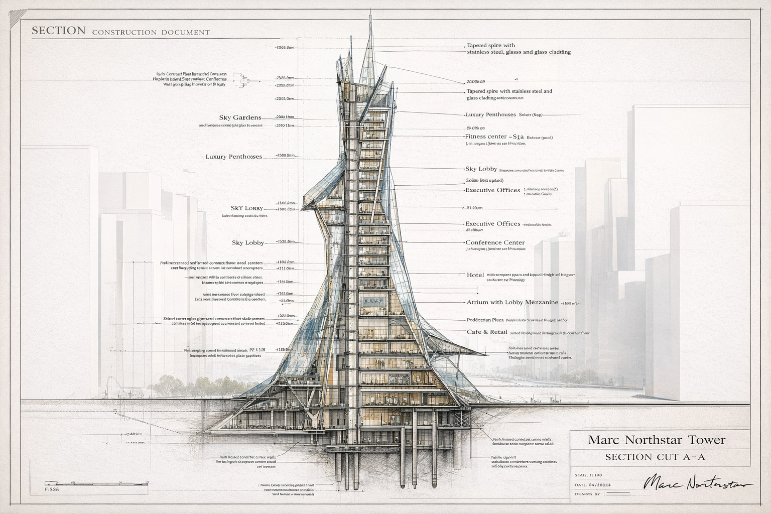 Section drawing of signature tower utilizing AI by American architect Marc Northstar