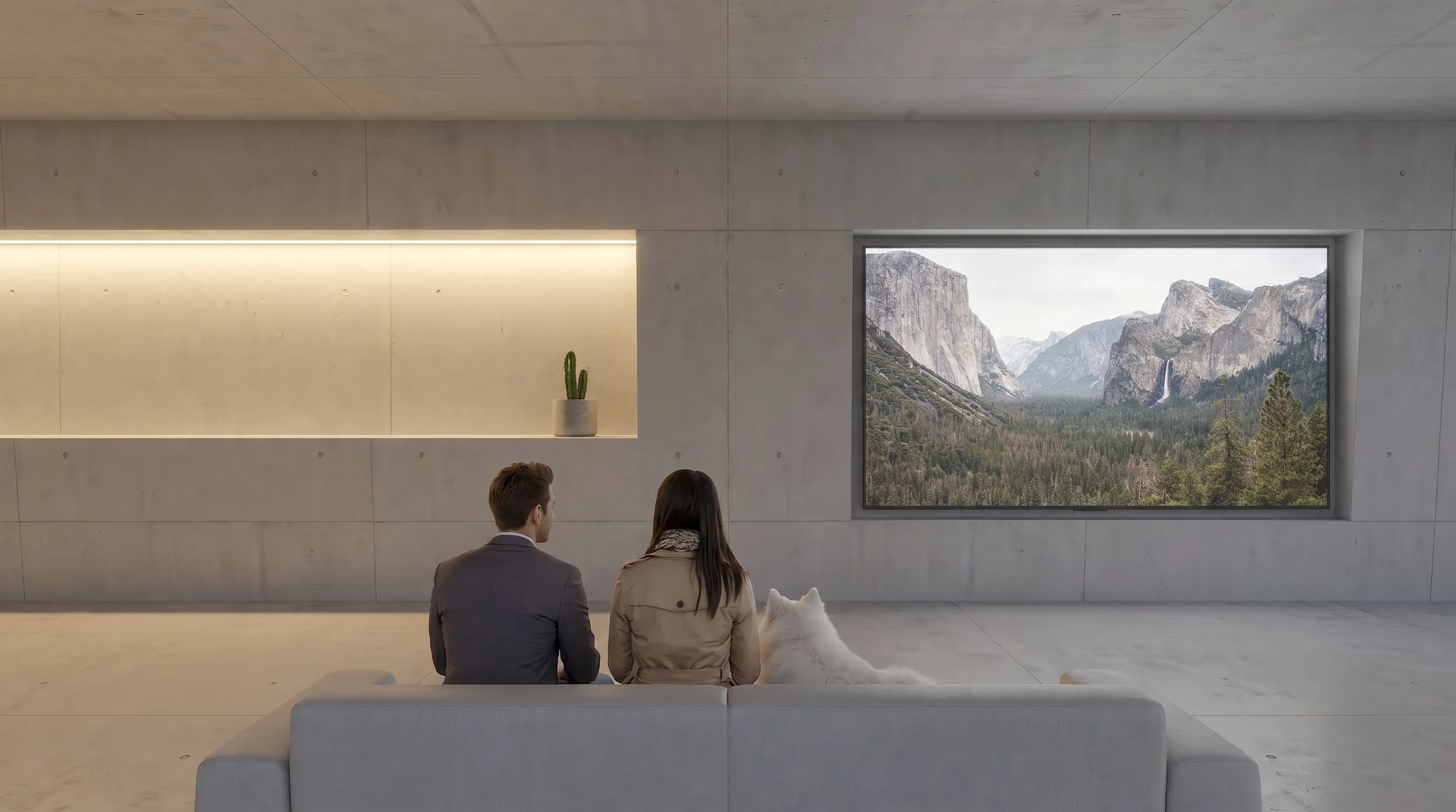 family sitting in modern and minimal interior designed space by Marc Northstar