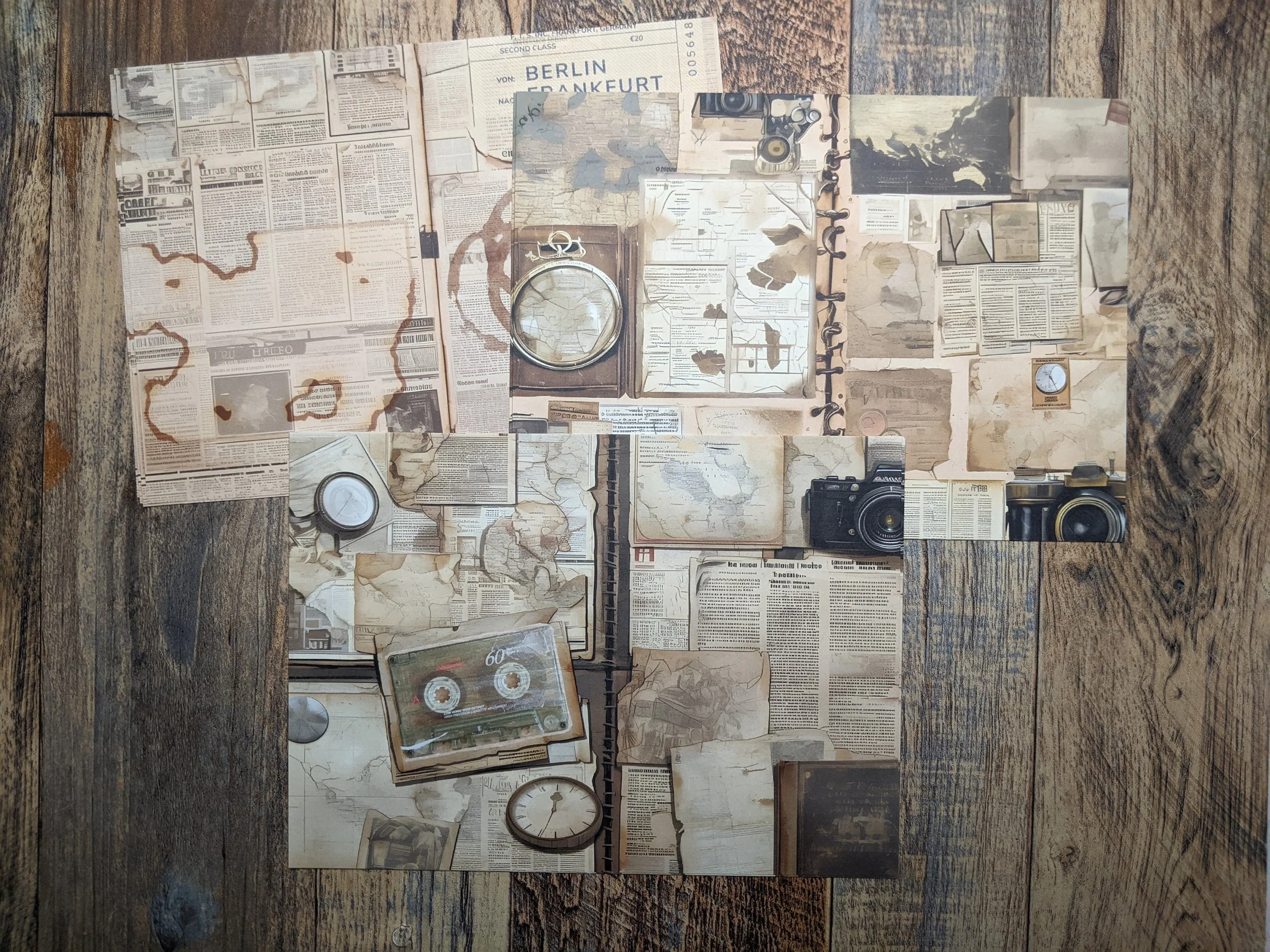 Analog Grunge: Moody textures featuring cassettes, cameras, and coffee stains.