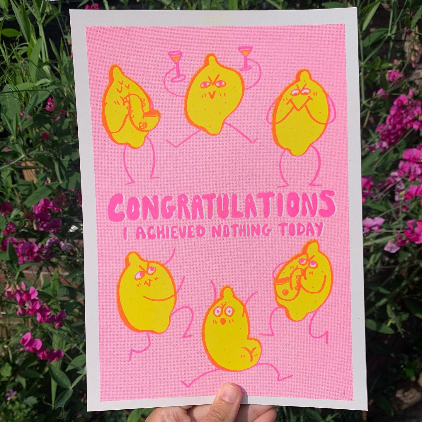 🍋 CONGRATULATIONS PRINT ✨
I forgot to share our newest risograph print! I decided to create this cheeky message in celebration of those days where you don&rsquo;t get anything done and have the best time ever 😂 When I made this illustration, I just