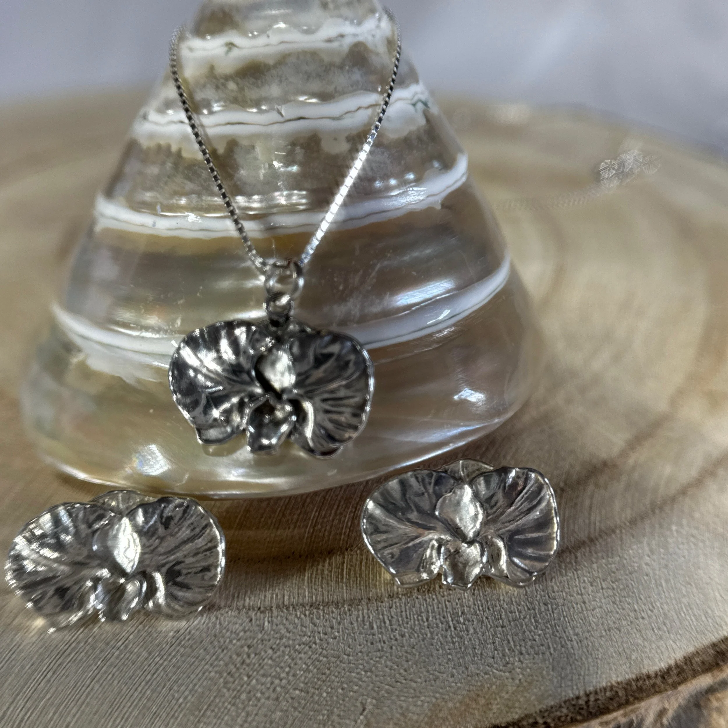 Silver Orchid Flower Pendant and Earring Set