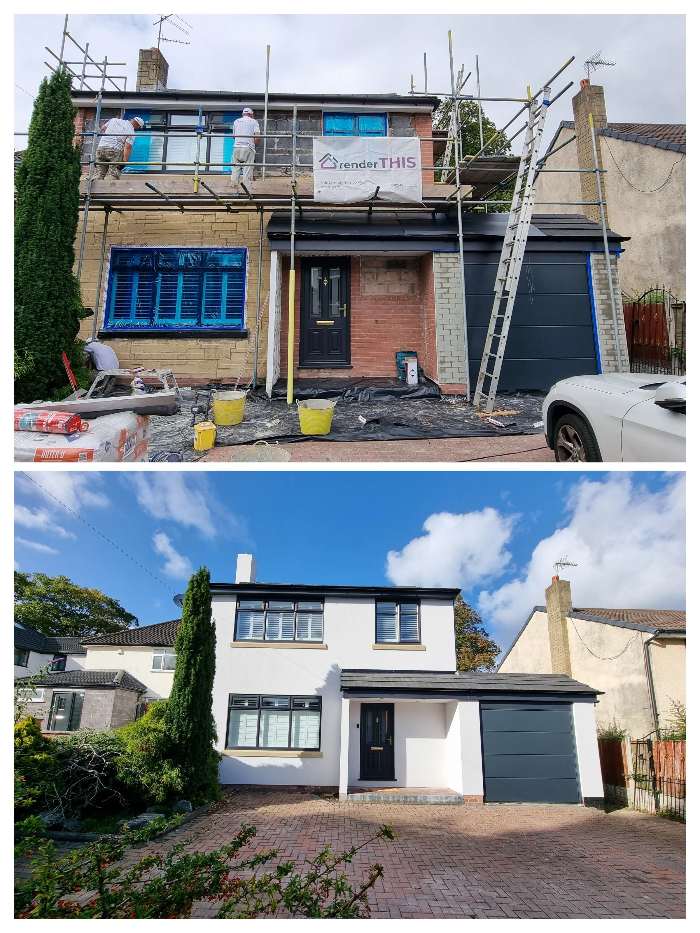 Before-and-after photos of a house renovation. The top image shows the house under construction with workers, scaffolding, and building materials. The bottom image shows the finished house with a clean, white facade, black accents, and a neatly paved