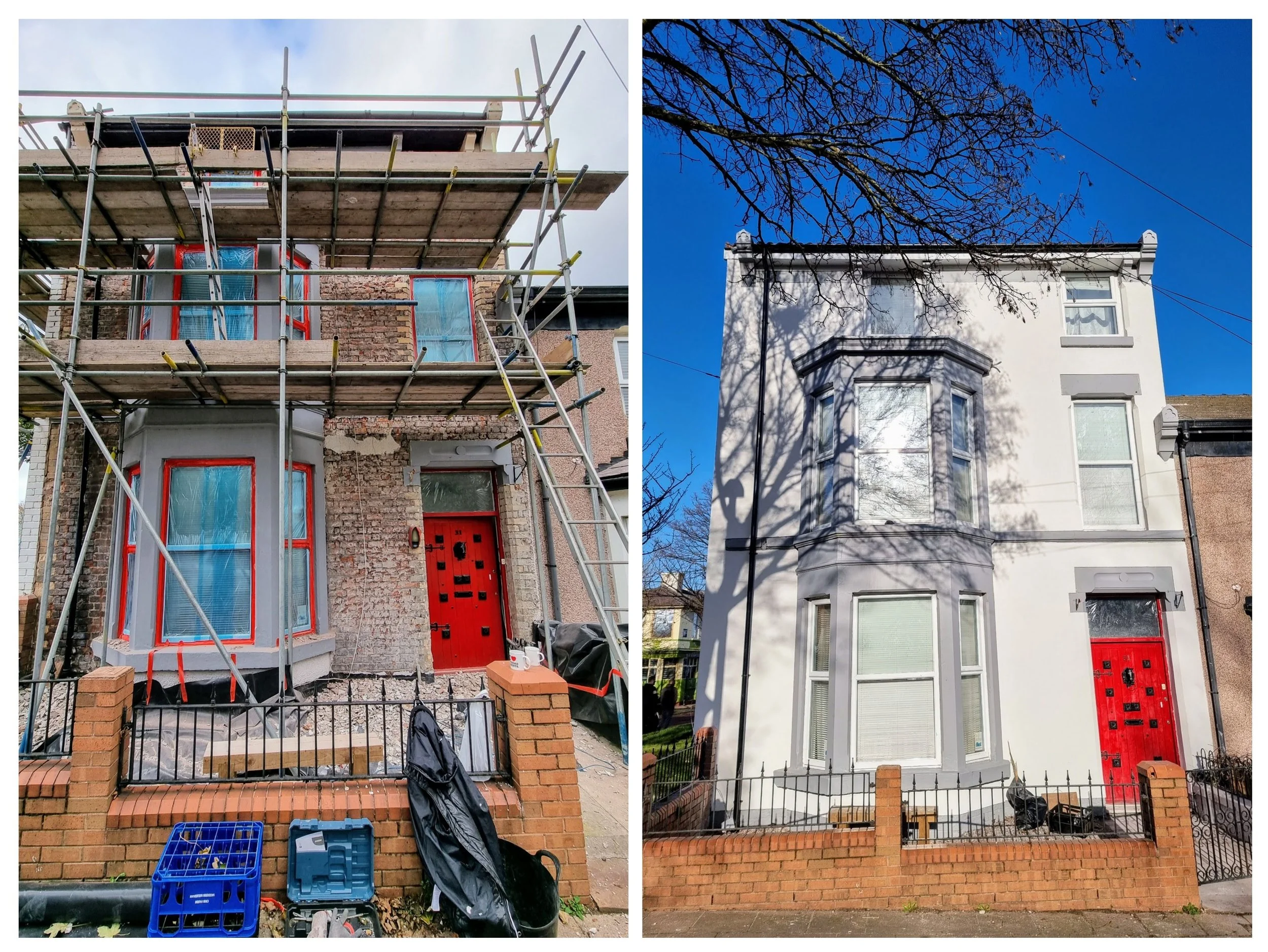 Comparison of a house renovation process. The left side shows the house under construction with scaffolding, exposed brick, and blue window coverings. The right side shows the completed house with white exterior walls, a bay window, and a red front d